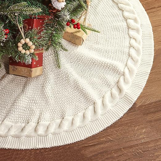 LimBridge Knitted Christmas Tree Skirt: 36 Inches Cream White Tree Skirt, Chunky Cable Knit Thick Rustic Christmas Tree Decorations, Farmhouse Christmas Decor Xmas Holiday Home Party Decorations