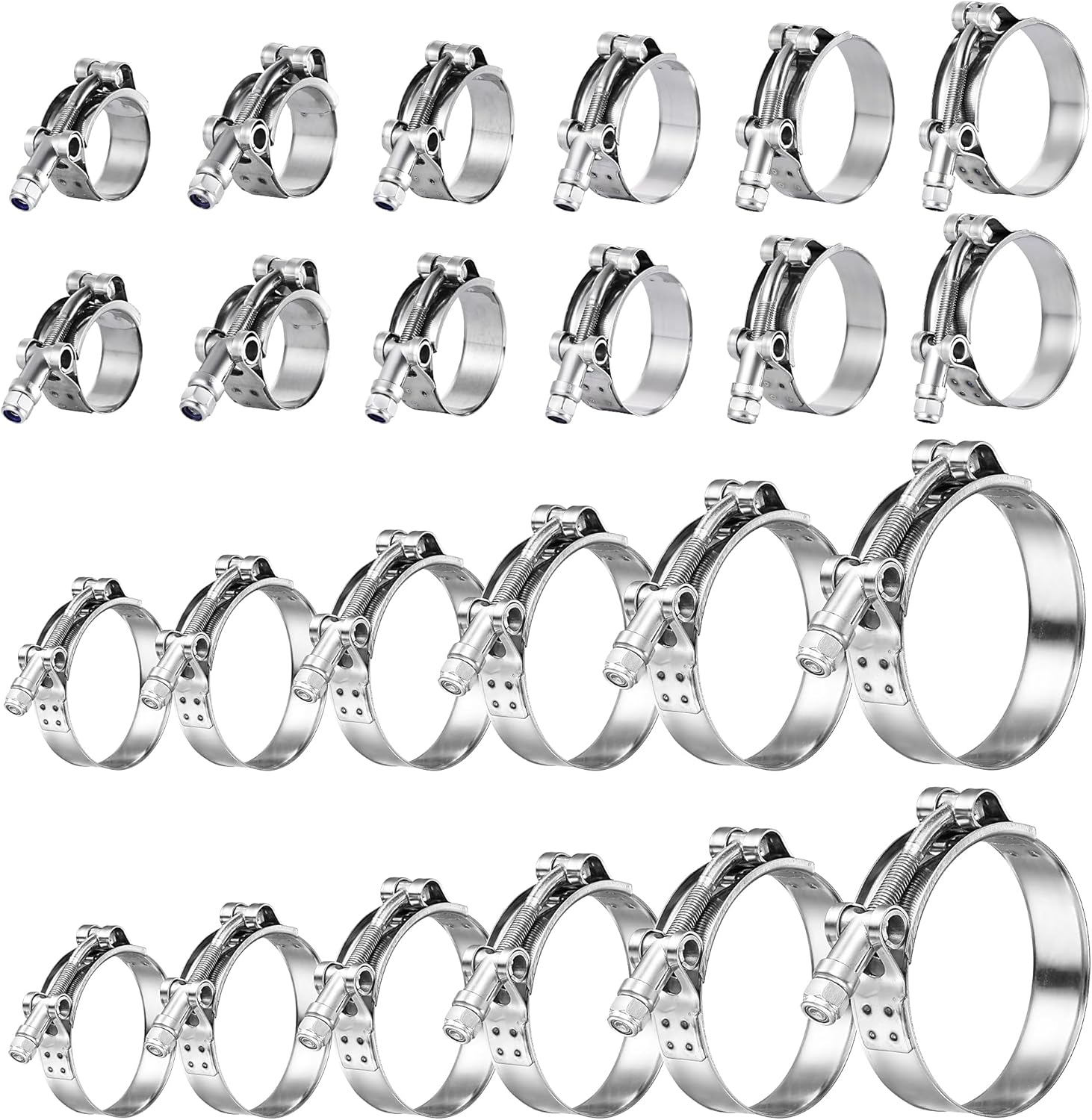 24 Pack 12 Size T-Bolt Hose Clamps, Stainless Steel_304 Working Range 28mm-116mm for 0.75" -4'' Hose ID, Turbo Intake Intercooler Clamp for Automotive