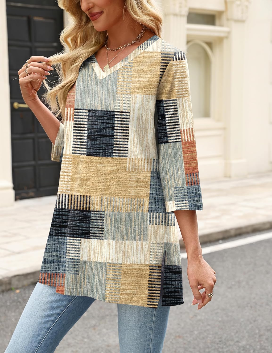 AKEWEI Womens Blouses Casual 3/4 Sleeve Tops for Women V Neck Tunics to Wear with Leggings Swing Flare - Image 5