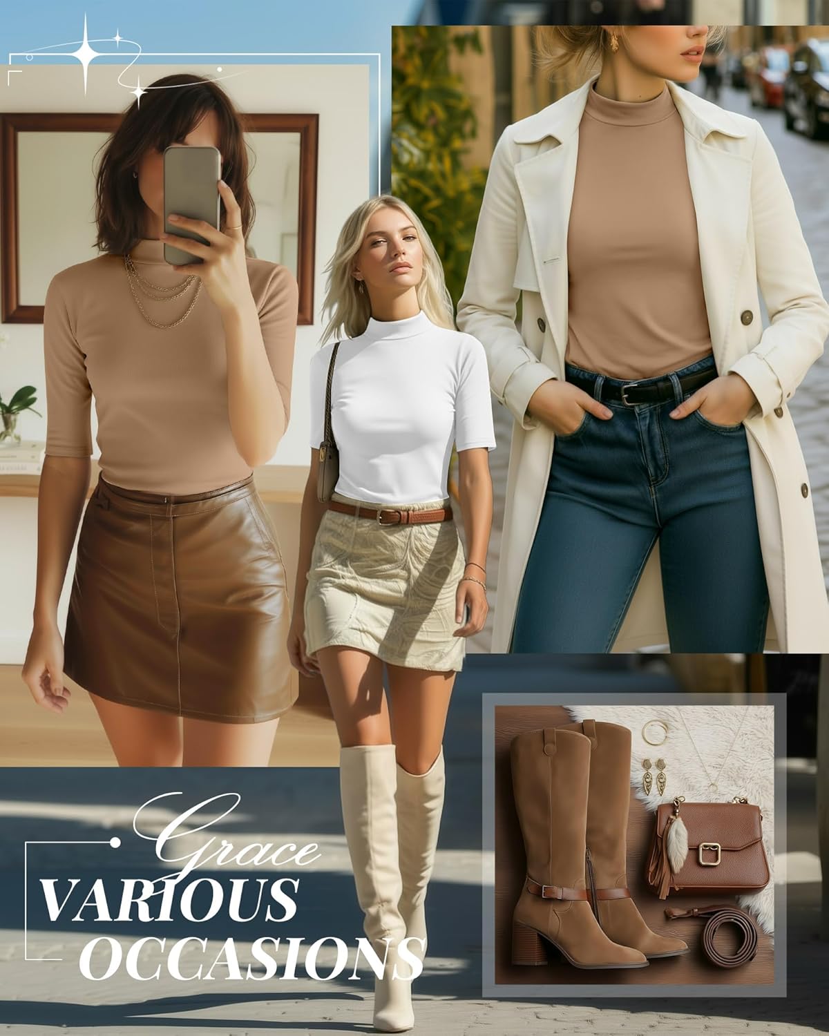 Ficerd 2 Pack Women's Mock Turtleneck T Shirts, Half Sleeve Business Casual Tunic Tops Slim Fit Summer Basic Dressy Tee Shirt - Image 3