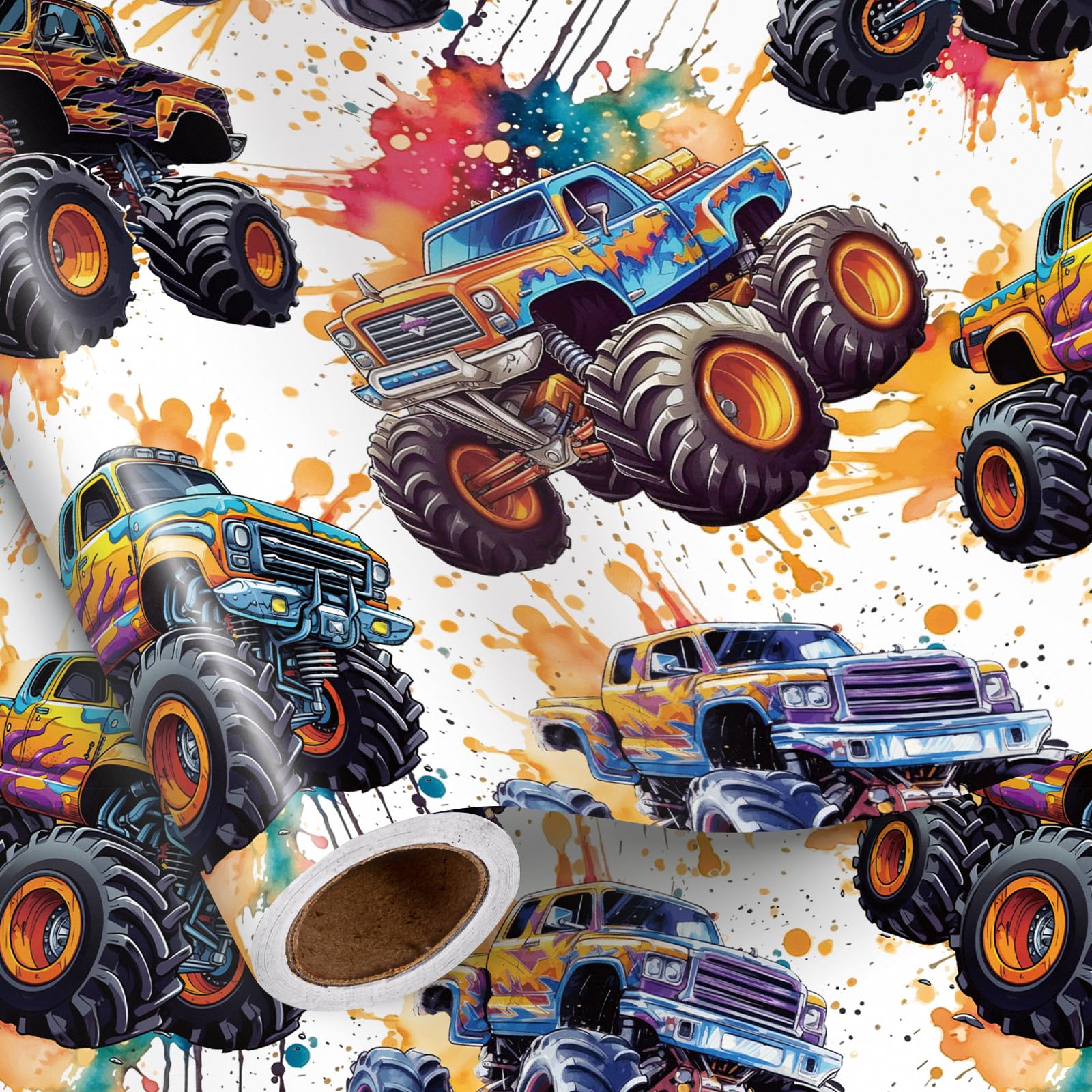 RUSPEPA Monster Truck Wrapping Paper Roll for Kids Boys, Mini Roll, Cool Off-Road with Splash Paint Gift Wrap Paper for Birthday, Racing Party, Adventure Celebration, 43.2cm x 5m — image 1
