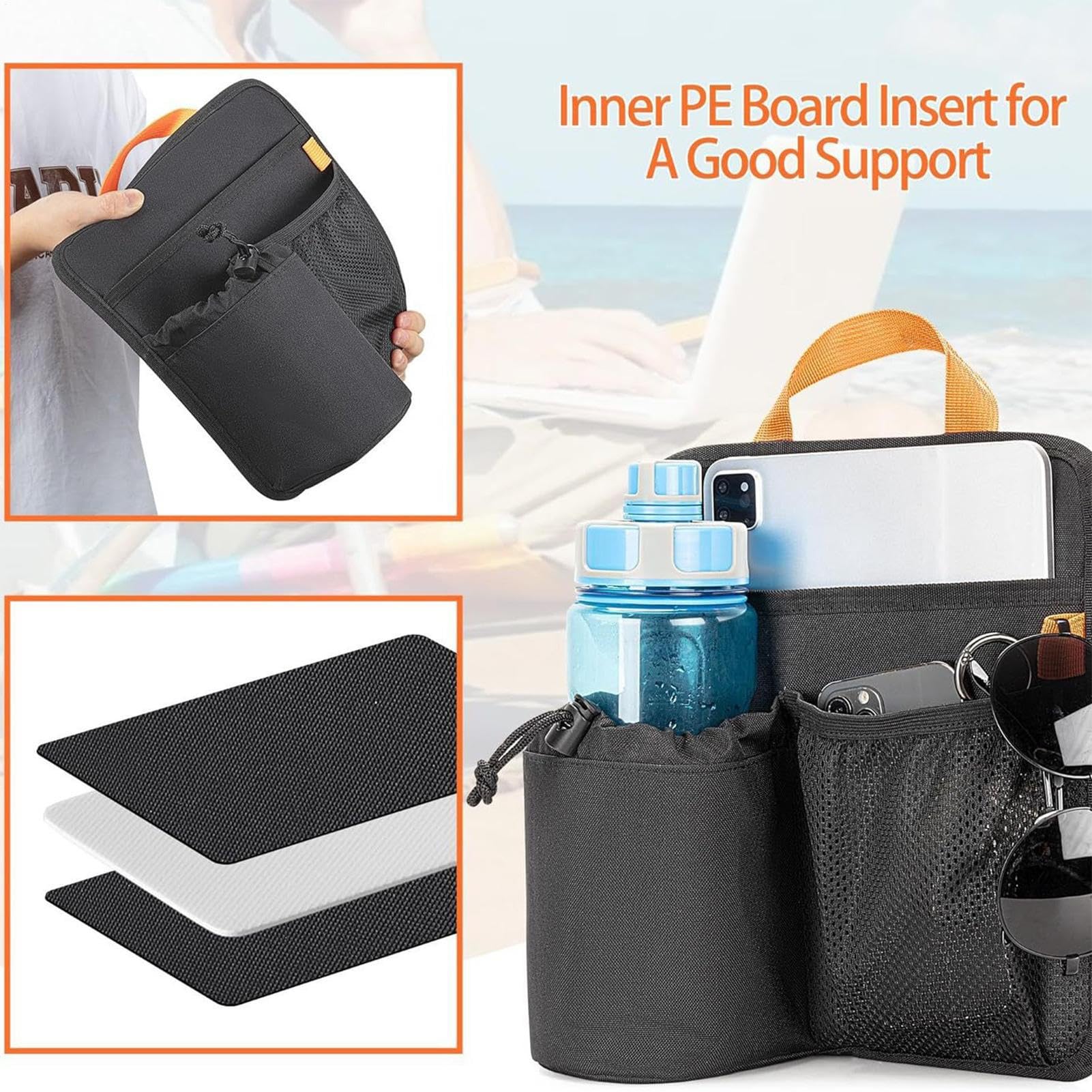 Portavasos para silla de playa, organizador lateral de silla, organizador multifuncional para exteriores, césped, patio, mochilero, teléfono, gafas de sol, aperitivo