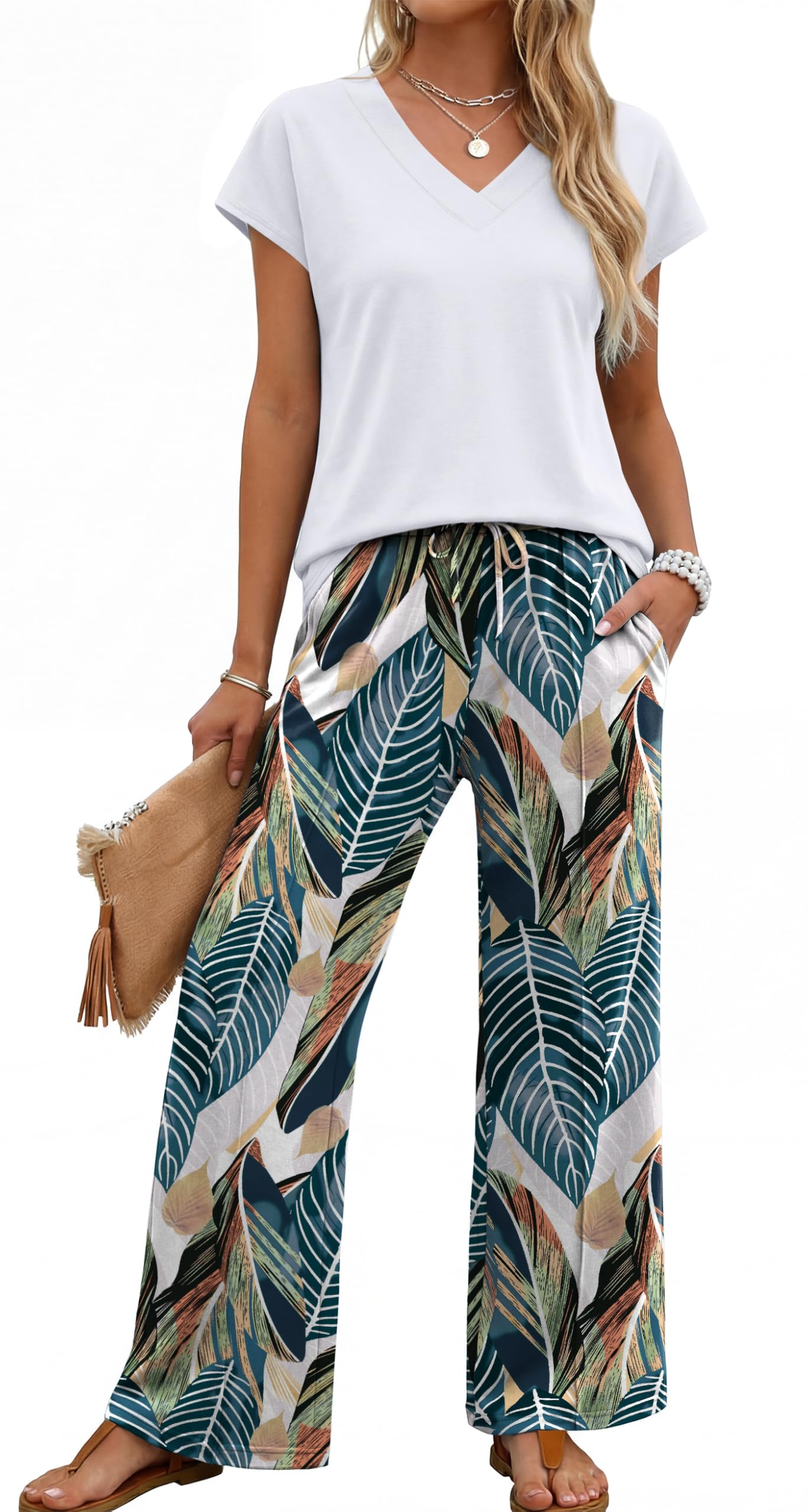XIEERDUO Women's 2 Piece Sets Summer Beach Vacation Cruise Travel Outfits Printed Wide Leg Pant V Neck Cap Sleeve Tops — view 9