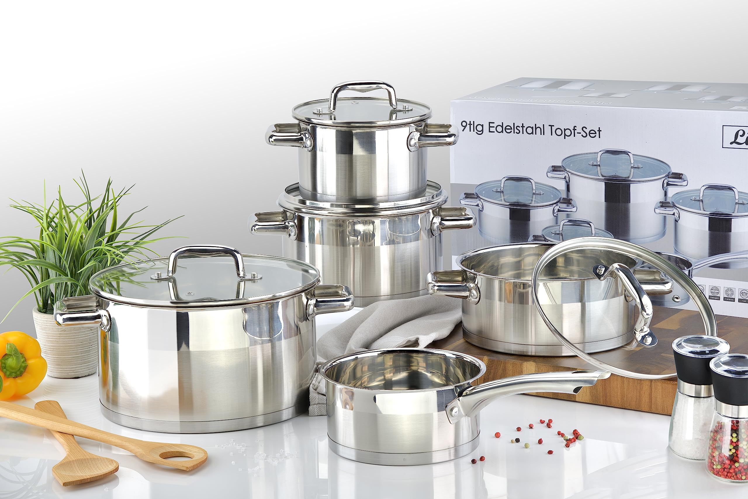 Linnuo Topfset Induktion Kochtopf Set Edelstahl Töpfe mit Glasdeckel für alle Herde inkl Induktionsherd geeignet für Spülmaschine und Backofen hochwertiges Kochset für moderne Küchen (9tlg. Set)