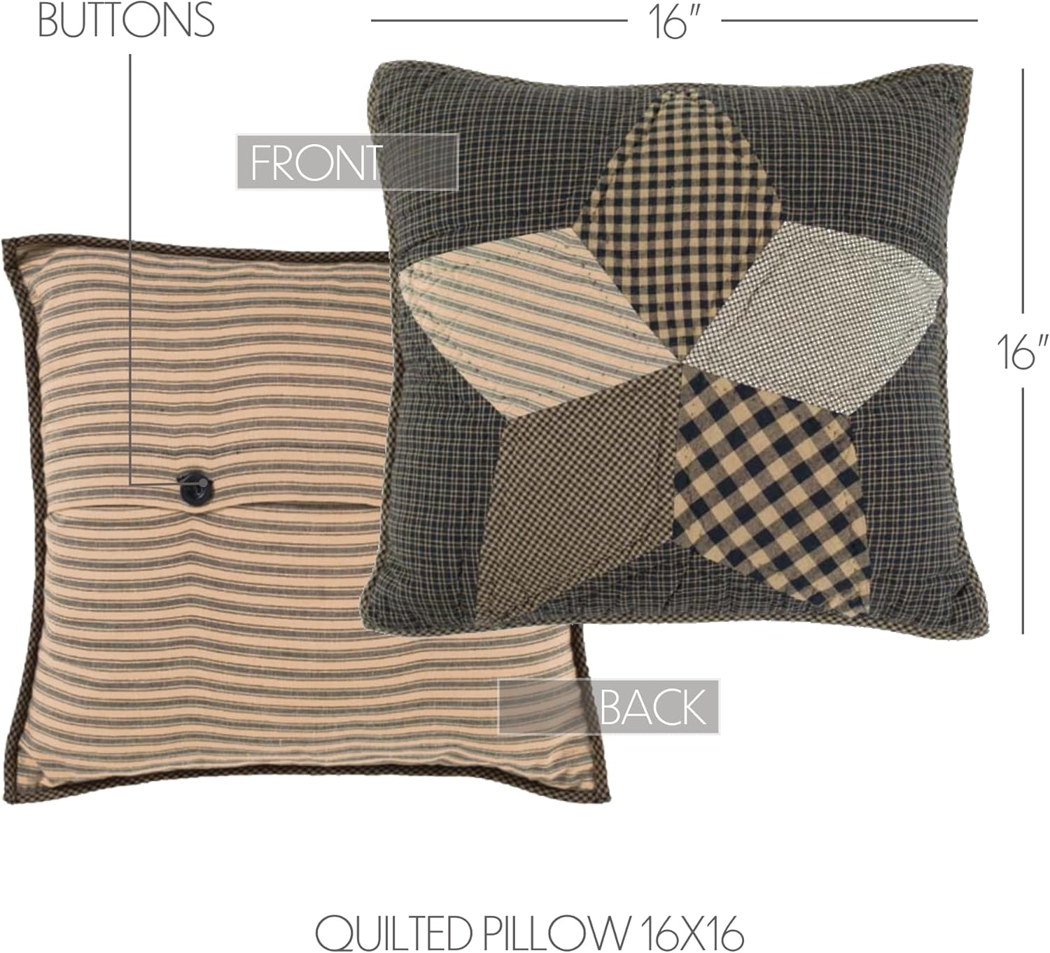 VHC Brands, Farmhouse Star, Cotton, 16x16, Quilted, Pillow, Black