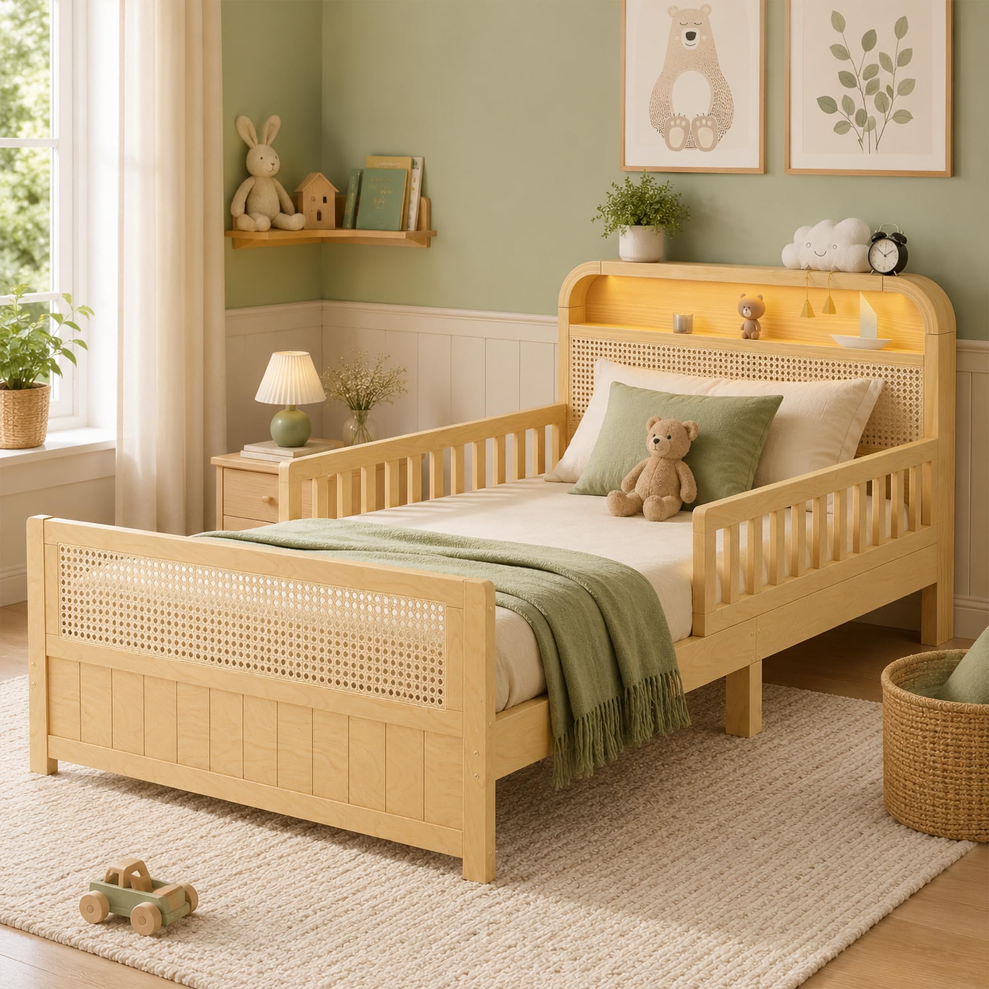 Twin Bed with Rails, Wood Twin Bed Frame with LED Lights and Storage Headboard, Natural