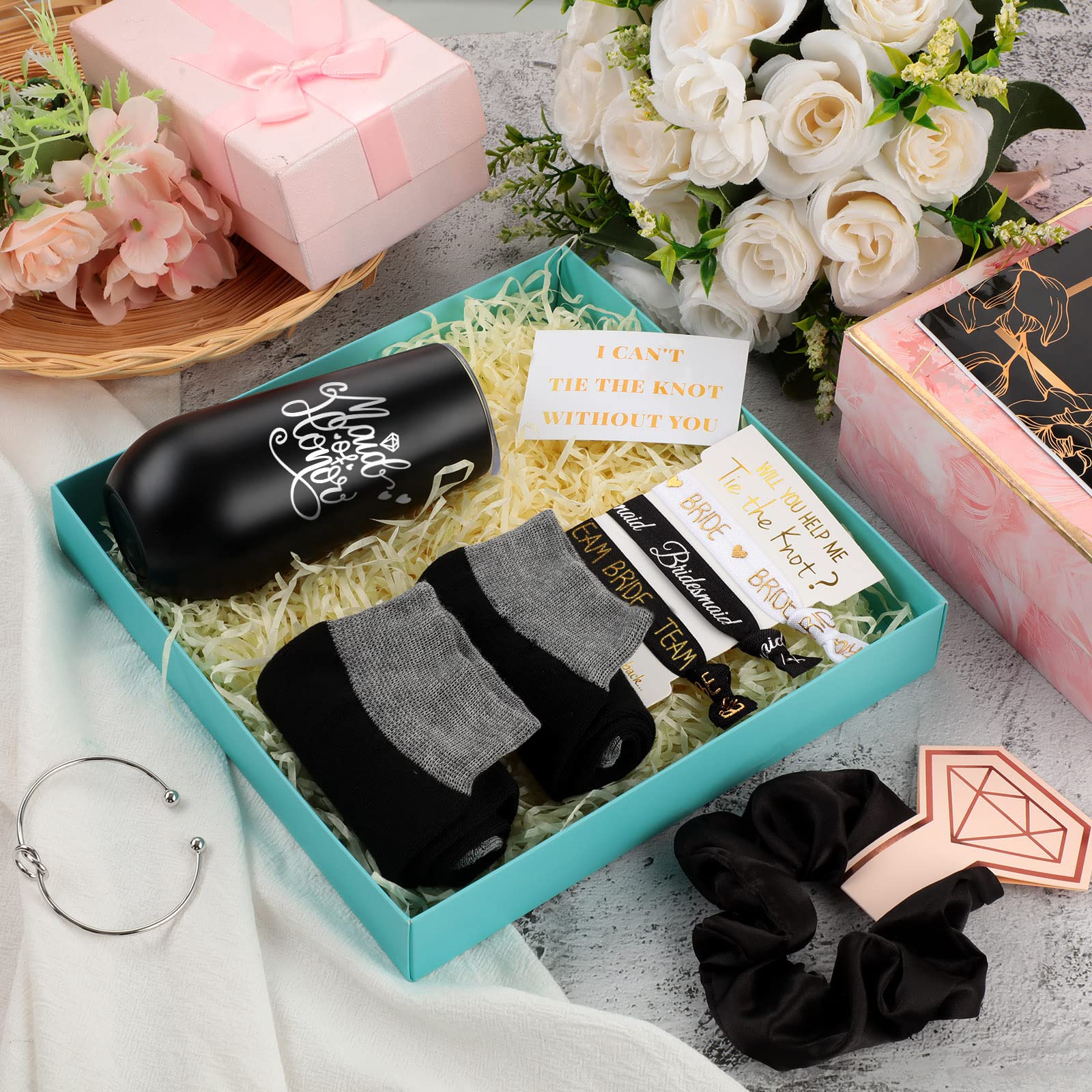 Yexiya 13 Pcs Bridesmaid Proposal Box Gifts Set Will You Be My Maid of Honor Gifts 6 oz Stainless Steel Wine Tumbler Socks Scrunchie for Pen Engagement Wedding Bachelorette Party Supply(Trendy)