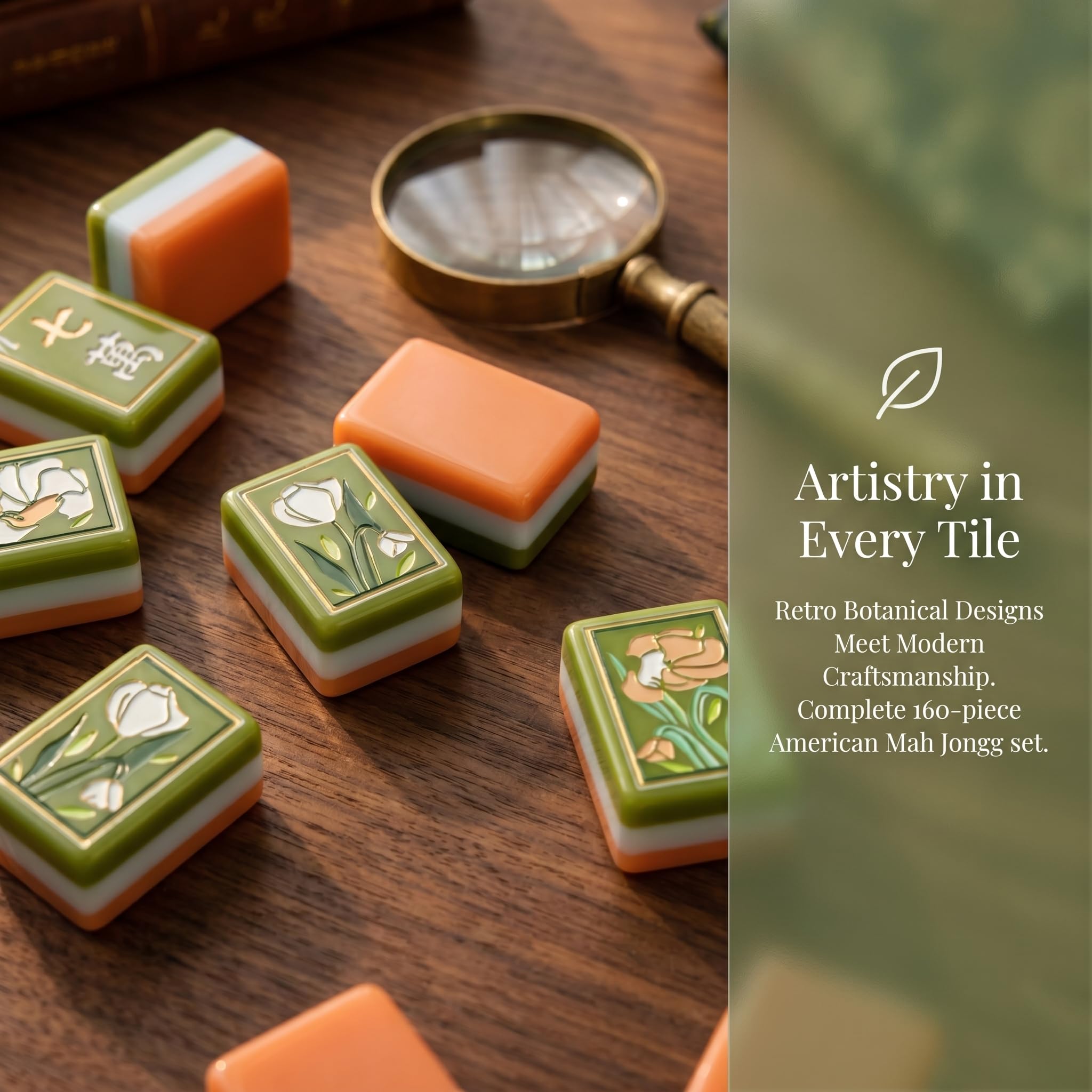 Handgemaltes Ölgemälde, amerikanisches Mahjong-Set, Gravur, Reisespiel | 160 Acryl-Fliesen, 4-lagig, Olivgrün, Himmelblau und Terrakotta, Geschenk für Fliesenliebhaber