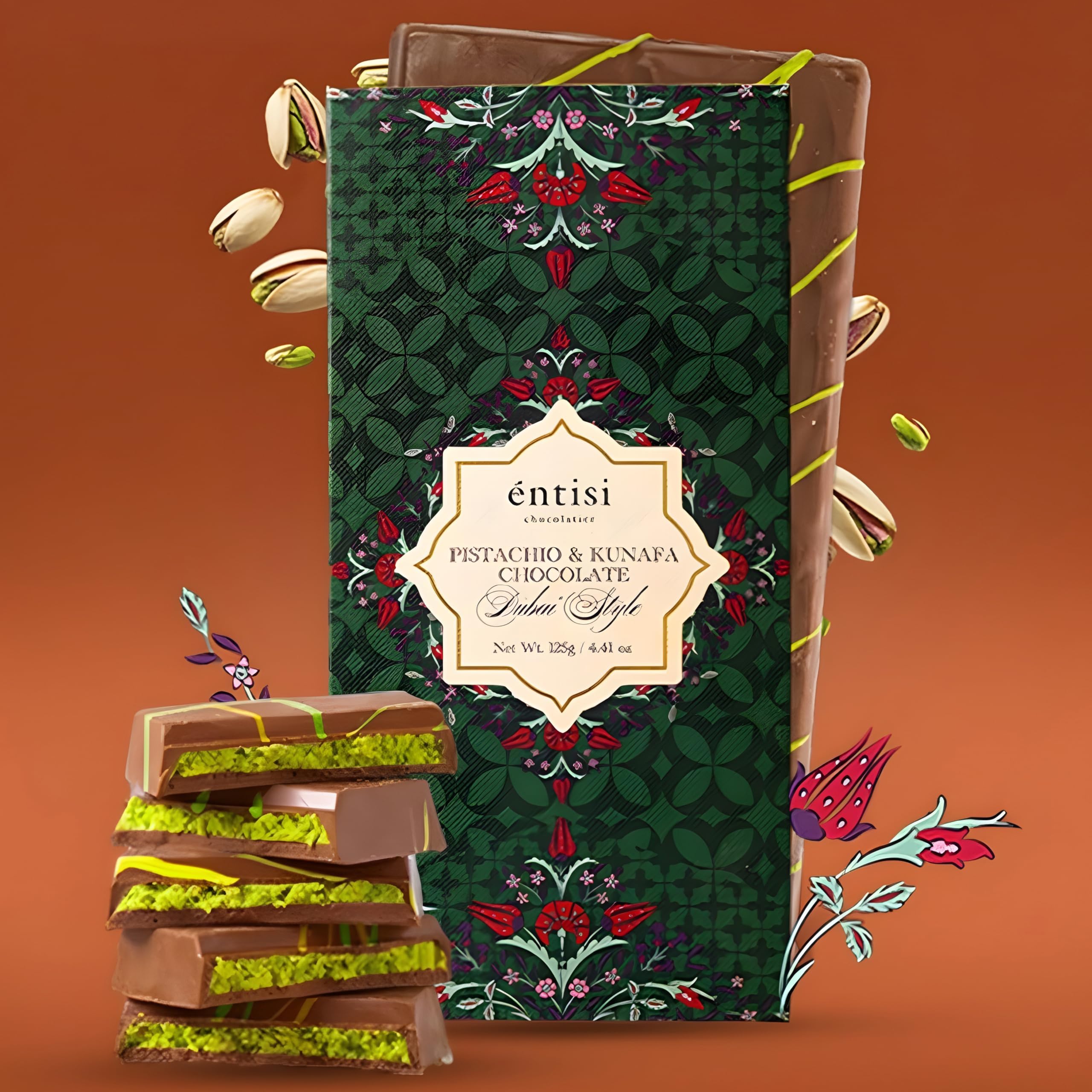 Entisi Kunafa Chocolate Bar Dubai, Pistachio Kunafa Chocolates , Dubai Chocolate , Rich Pistachio Filling, Crispy Kunafa Milk Chocolate, Middle Eastern Sweets, Perfect for Snacking, Gifting & Dessert Lovers