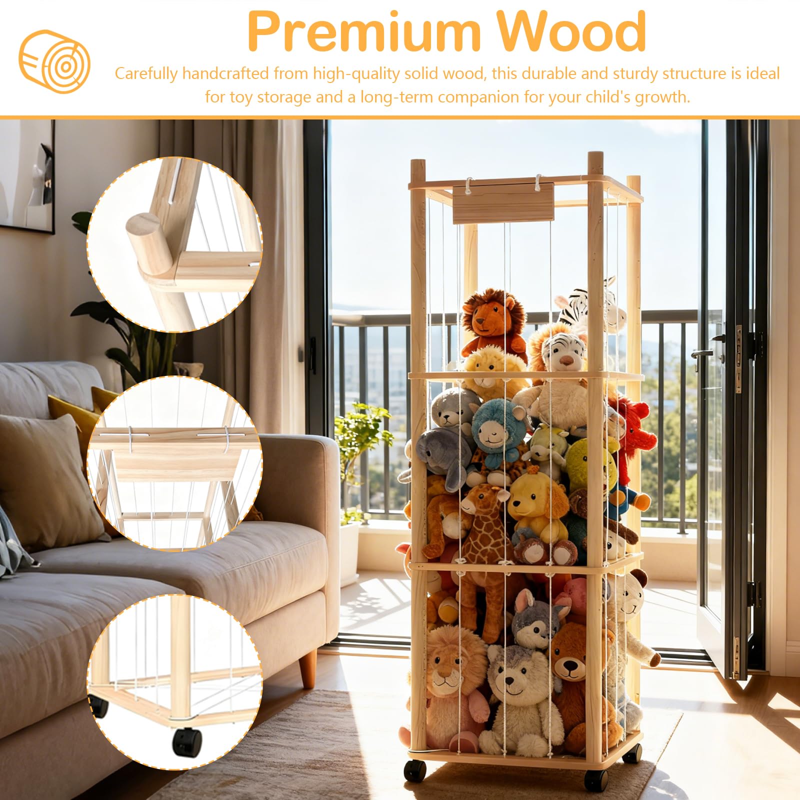 Almacenamiento Juguetes, Organizador Peluches de Madera con Reudas a 360°y Frenos Organizador Juguetes Infantil de Peluches Portaositos de Peluche para Habitaciones Infantiles, Salas de Juegos