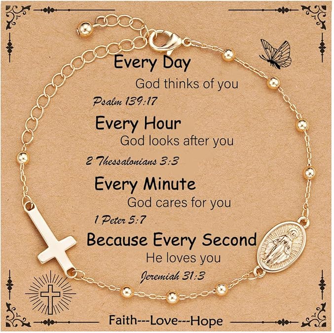 Catholic Virgin Mary Cross Bracelet Gifts for Girls Teens Women, Rosary Beads Charm Link Chain Bracelet Christmas Christian Religious Jewelry Gifts