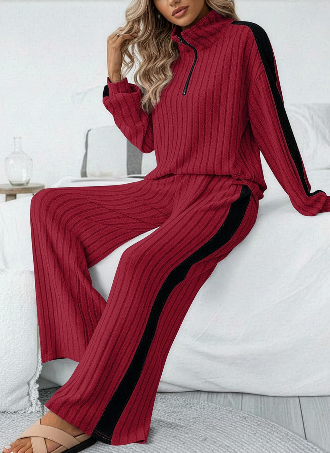 JUSTFASHIONNOW Womens 2 Piece Outfits Ribbed Knit Lounge Sets Cozy Half Zip Sweatsuit Sets Wide Leg Jogger Tracksuits - Image 5