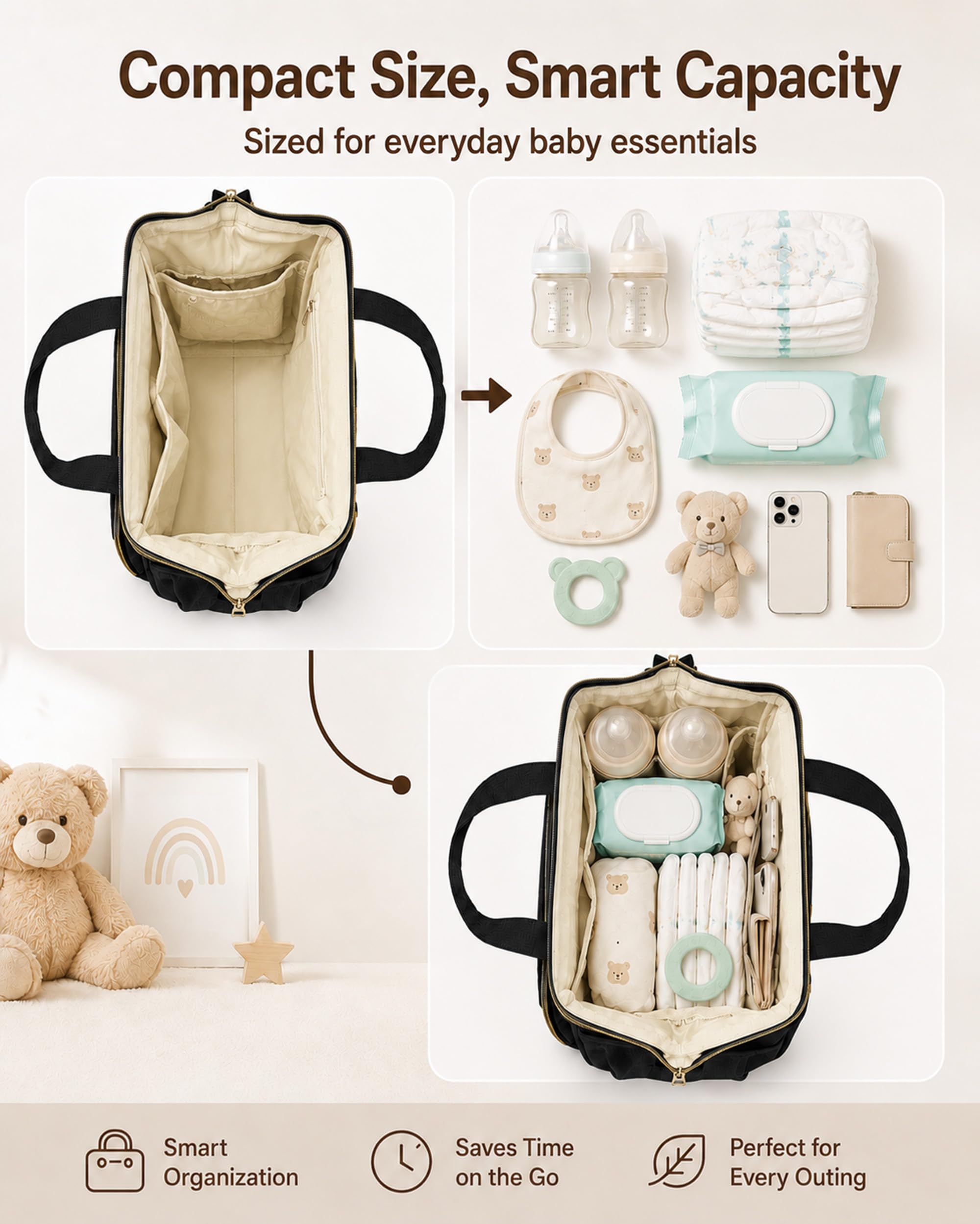 FHELAD Pequeña bolsa de pañales para mujer, mini bolsa de bebé 4 en 1 (negro)