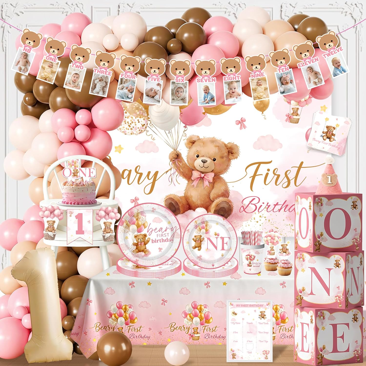 Beary First Birthday Decorations for Girl，257pcs Beary One Year Old Birthday Decorations with Balloons, Backdrop,Banners,Plates,ONE Boxes for Girl Bear theme Service 20 (pink)