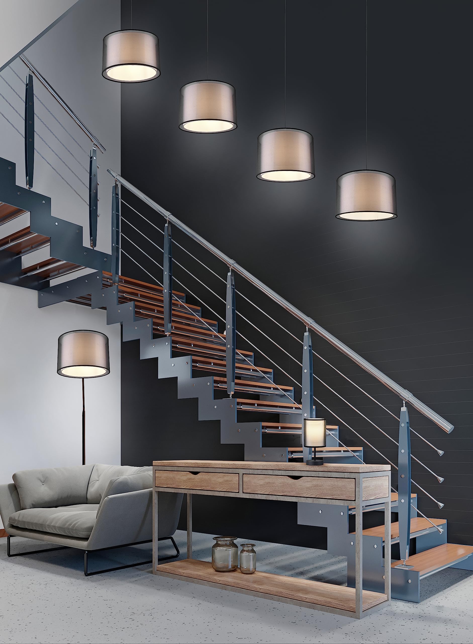 Trio, Lampe de table, Burton 1xE14, max.28,0 W Organza, Fumé, Corps: Métal, noir mat Ø:12,5cm, H:28,5cm Interrupteur de cordon,IP20,Sans illuminant