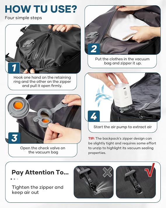 suradar Vacuum Backpack Travel Bag With Pump Compression Vacpack Travel Backpack 40x30x20 for Women Men Ryanair Cabin Bags 40x30x20 Underseat Wizz Air British Airways Hand Luggage Bag Carry On Black