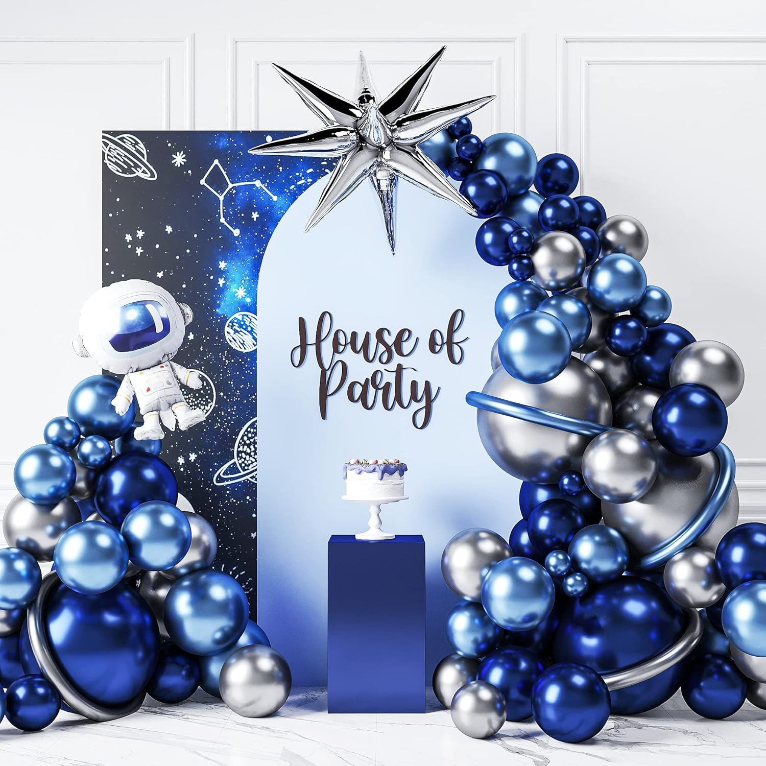 HOUSE OF PARTY Space Balloon Arch Kit - Navy Blue, Metallic Blue and Silver Balloons, Galaxy Astronaut Balloons for Space Birthday Party Decorations