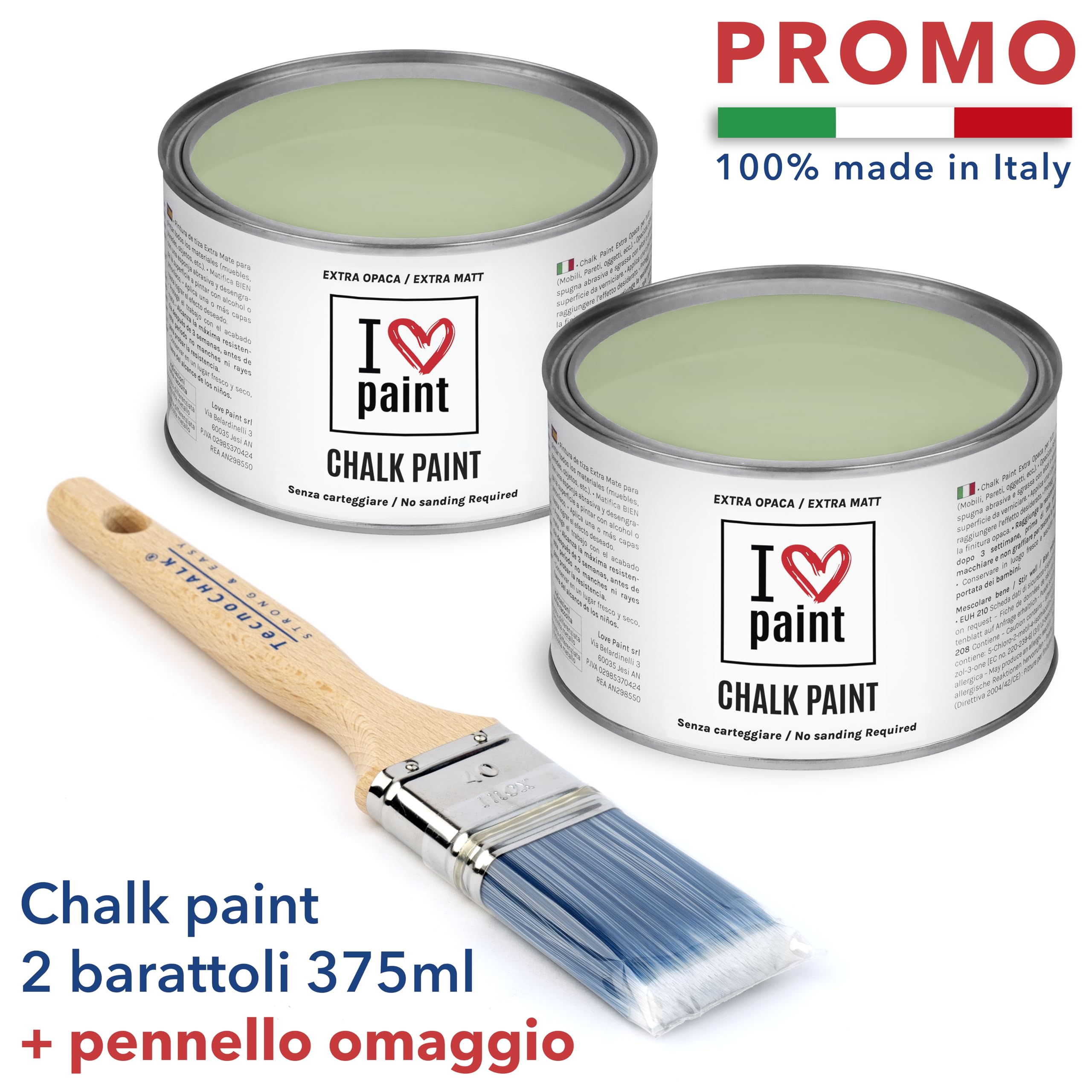 I Love Chalk Paint Salvia – Set Risparmio 2 Barattoli + Pennello – 750 ml totali – Vernice Effetto Gesso per Mobili – Chalk Paint Pittura Tutto Senza Carteggiare