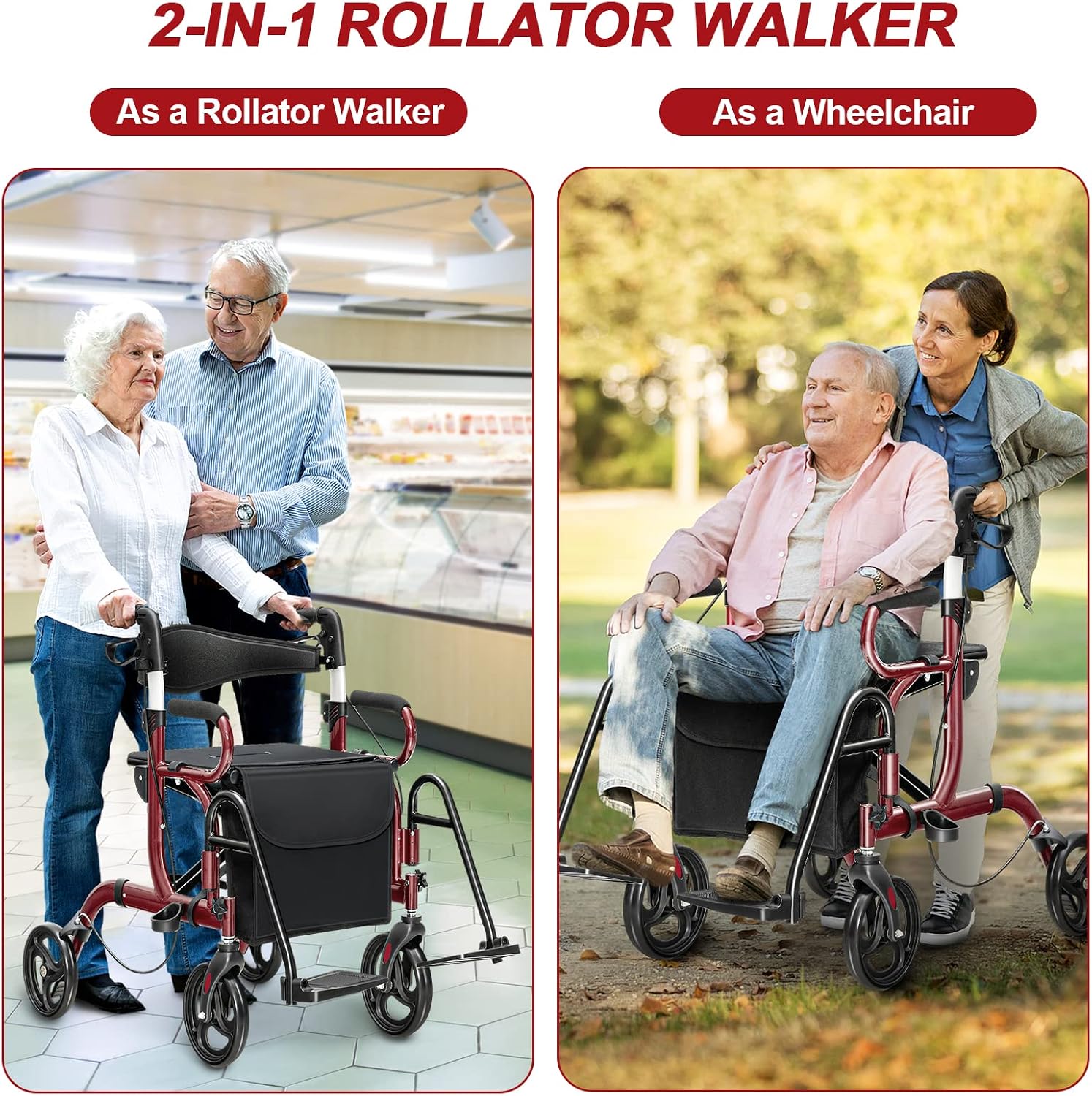 S AFSTAR 2-in-1 Rollator Walker with Seat, Folding Walking Aid with 8-inch Wheels, 6 Adjustable Height, Handle Brake, Upright Walkers for Seniors Elderly, Aluminum Frame Supports up to 350 lbs (Red)
