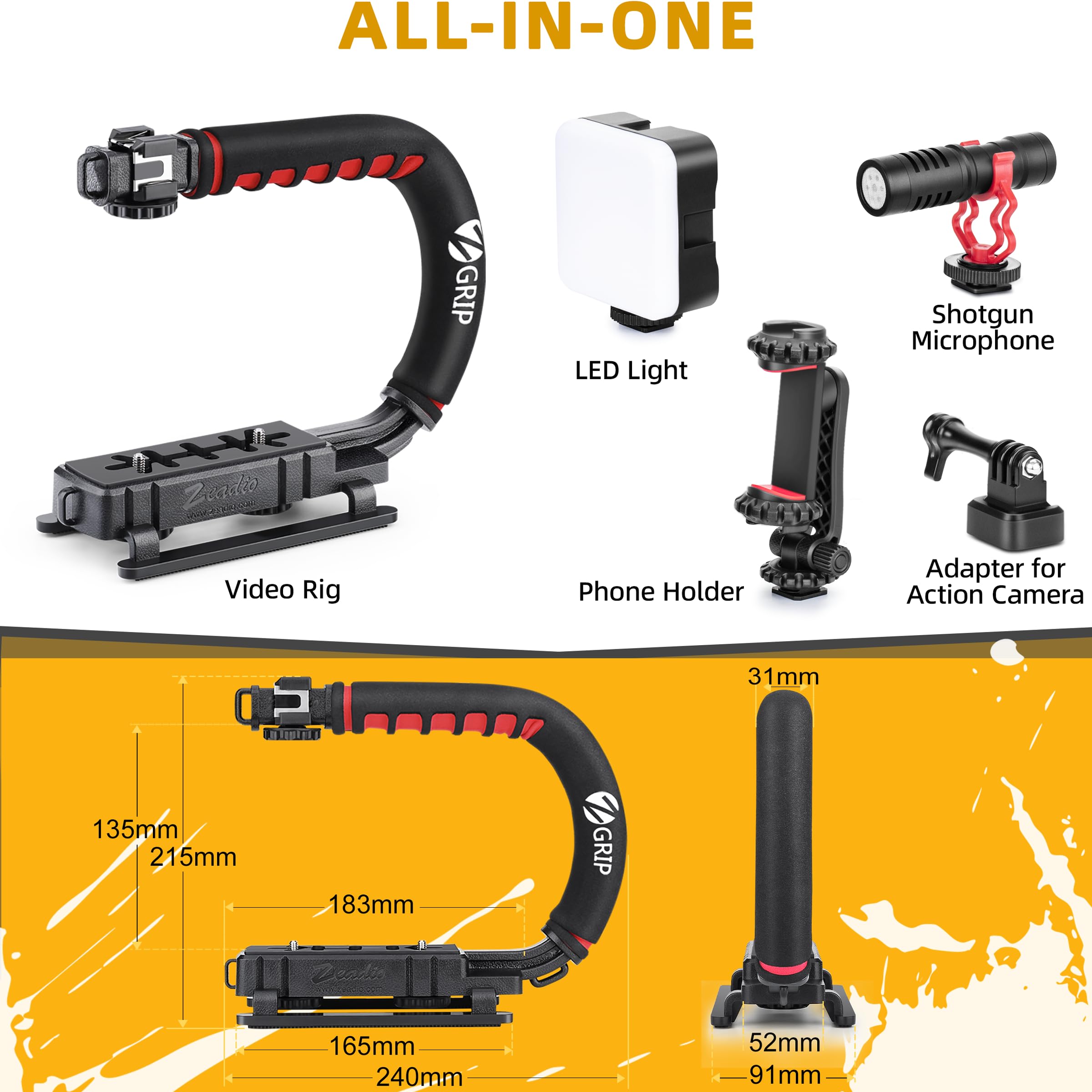 Zeaido Stabilisateur vidéo à Main, kit rig poignée caméra Tout-en-Un avec lumière vidéo LED dimmable, Microphone, Support téléphone, Adaptateur caméra d'action pour vlogging, Youtube, TikTok, etc