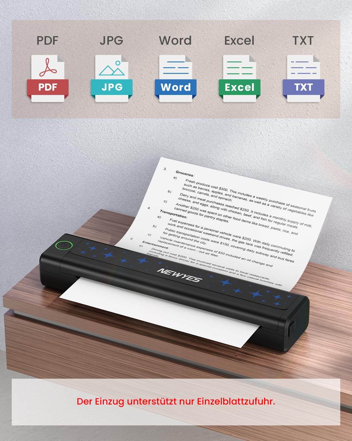 NEWYES Tragbarer A4 Thermodrucker, 203 DPI Ohne Tinte Bluetooth Drucker mit 2000mAh Akku für Unterwegs & Auto, Kompakt Reisedrucker Unterstützt iOS Android & Laptop, Mobiles Büro