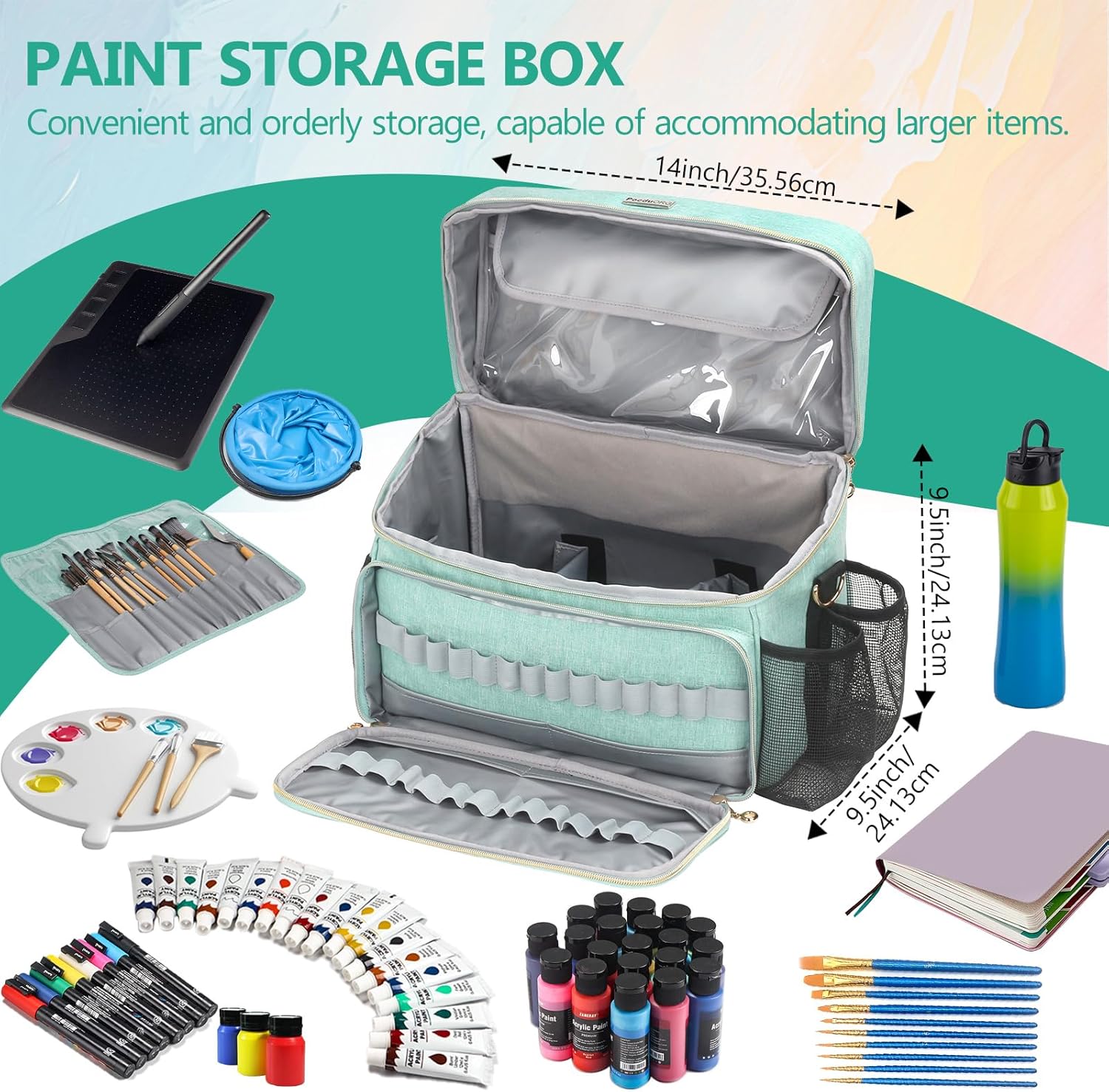 Art Supplies Organizer Storage Bag with Detachable Paint Brush Holder & Partition - Carrying Case for Home/Travel/Outdoor Fits Marks, Acrylic Paint, Palettes, Folding Buckets, Portfolios (Pro Green)