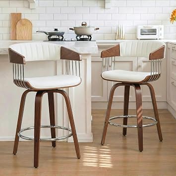Swivel Bar Stools Set of 2, 26" Farmhouse Counter Height Barstools, Pu Leather Upholstered Bar Chairs with Arm/Back for Kitchen Island/Breakfast Bar/Home Pub, Ivory White