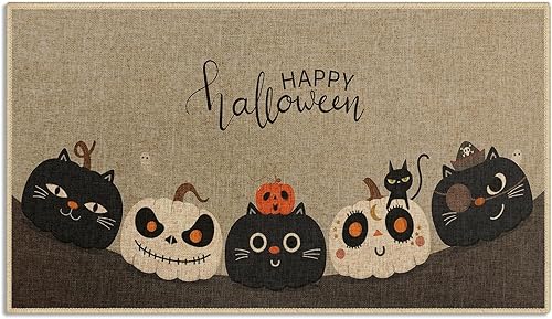 Tapete de bienvenida de Halloween, bonito tapete de calabaza y gato, tapete de entrada para interiores y exteriores, antideslizante, absorbente,