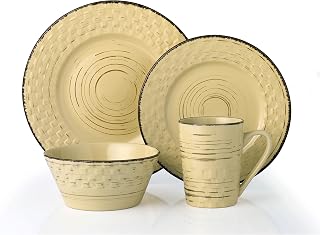 Stylish and Elegant 16 Piece Stoneware Dinnerware Service Set for 4 People - Distressed Weave, Buttercup