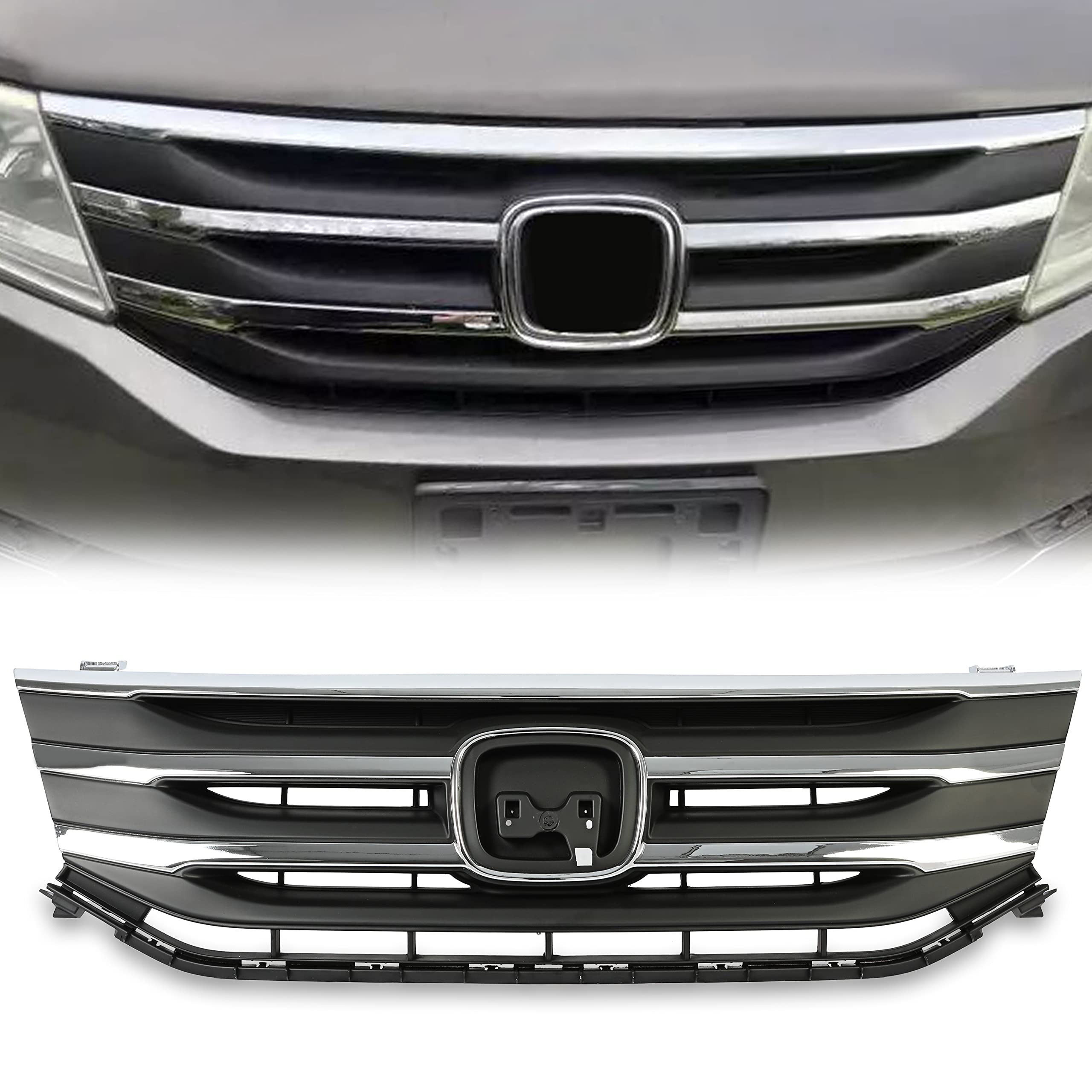 HECASA Front Bumper Grille Compatible with 2011-2013 Honda Odyssey Replacement for HO1202107C HO1217105 HO1210138 Silver Chrome Black All-in-one Textured Molding