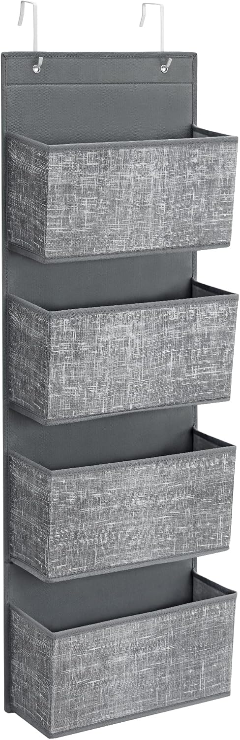 SONGMICS Over-Door Storage Organiser, Hanging Storage with 4 Compartments, Wardrobe Storage Organiser, for Bedroom, Office, 12 x 33.5 x 100 cm, Mottled Grey RDH004G11