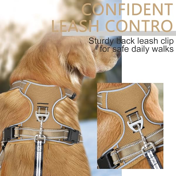 HEELE Harnais Chien, Harnais Anti Traction Réfléchissant Harnais pour Moyen Grand Chien avec Poignée Rembourrée, 1 Boucle sur la Sangle Droite de Cou Rendent Facile à Mettre et à Enlever, Marron, M - 3