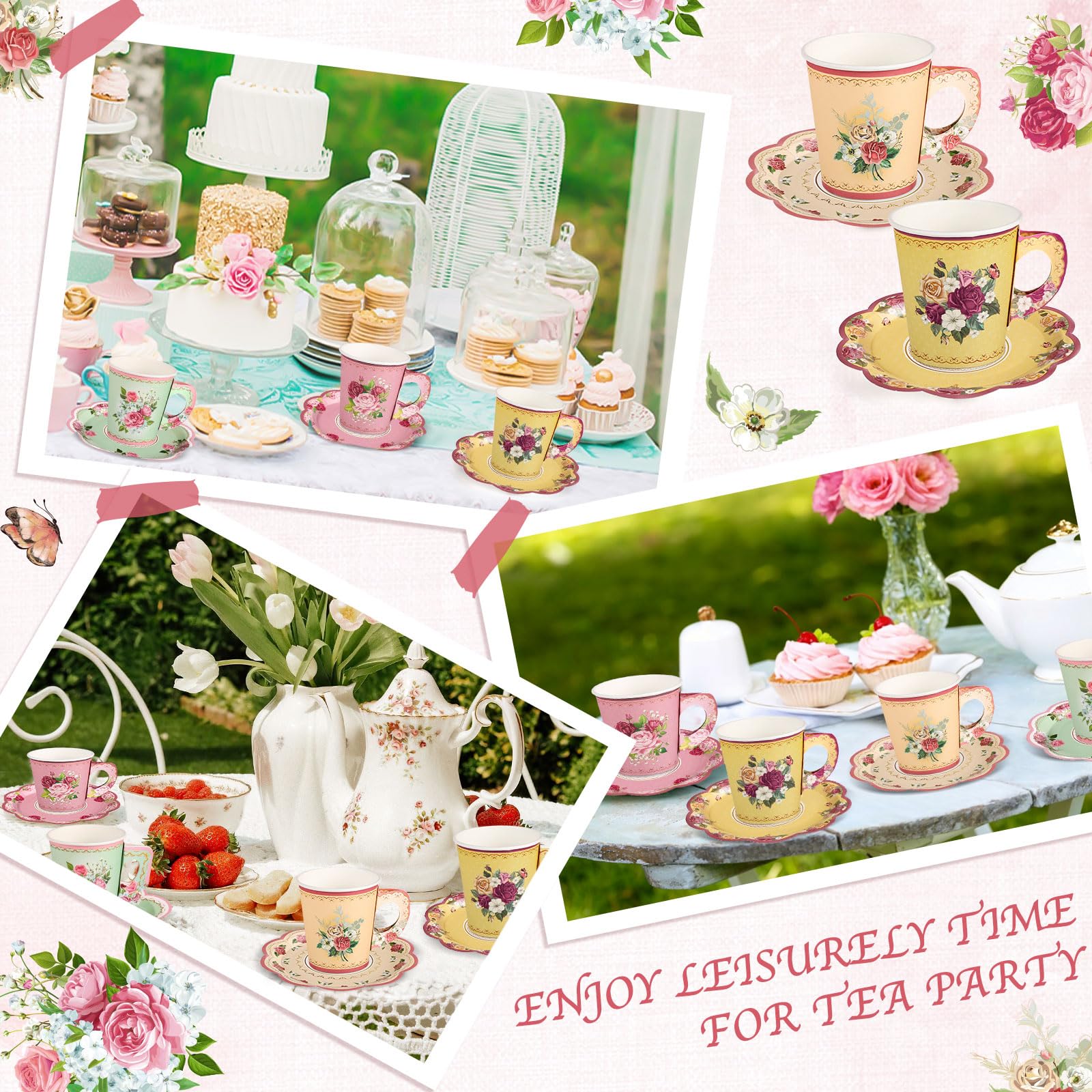 NatNarr Lot de 48 tasses jetables vintage à motif floral 200 ml | Avec poignée et assiettes, tasses à thé et soucoupes pour bébé, fête prénuptiale, mariage, anniversaire (style vintage)