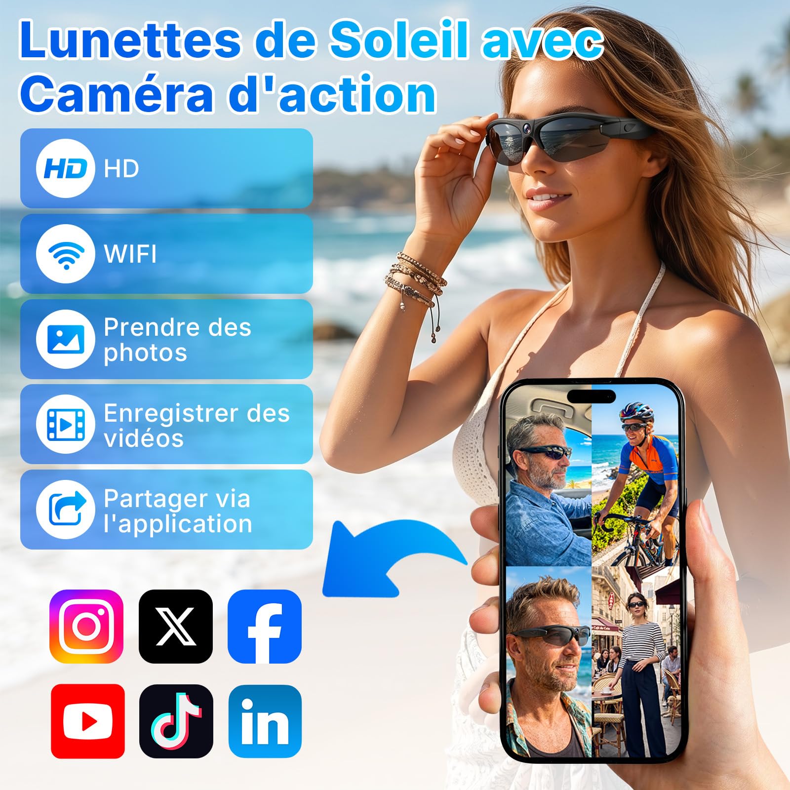 Lunettes de Soleil avec caméra d'action Wi-FI, Mini Caméra Cachée | Caméra d'action WiFi, Caméra Sportive, 120°, Caméra Cachée dans des Lunettes, Prise de Photos/Vidéos, Vélo/la Randonnée