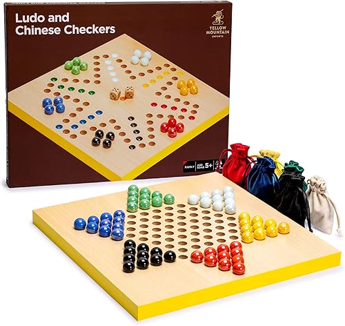 Yellow Mountain Imports Juego reversible 2 en 1 de Ludo y damas chinas Halma de madera y mármol de vidrio, 12 pulgadas