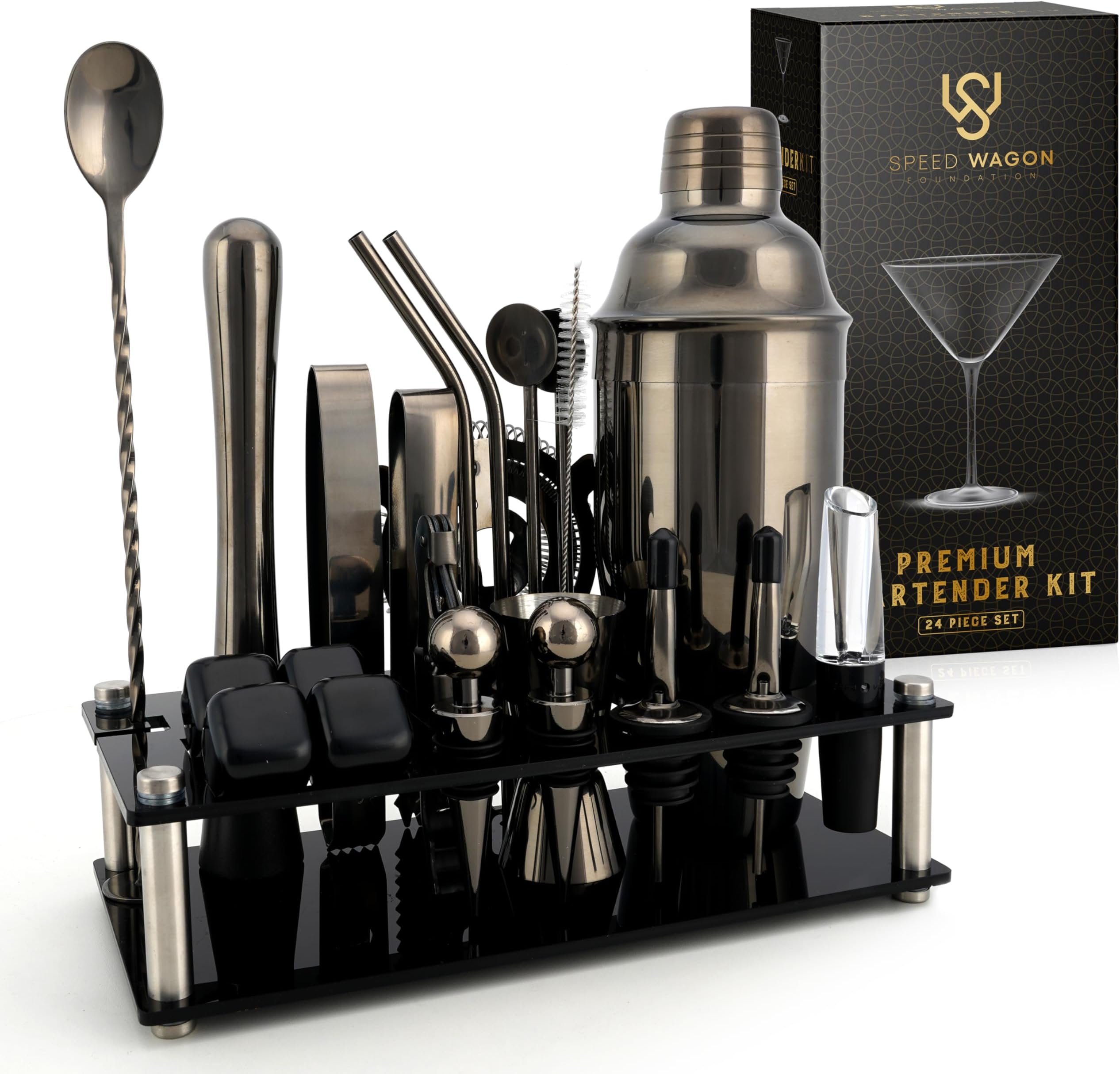 Mixology Bartender Kit – 24 Piece Gun Metal Cocktail Shaker Set w/Stand – Essential Home Bar Accessories Martini Shaker, Jigger, Muddler, Chilling Cubes & More