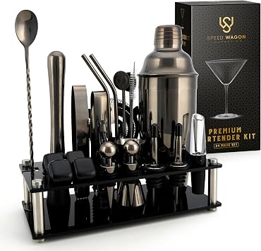Mixology Bartender Kit 24 Piece Gun Metal Cocktail Shaker Set w/Stand Essential Home Bar Accessories Martini Shaker, Jigger, Muddler, Chilling Cubes & More
