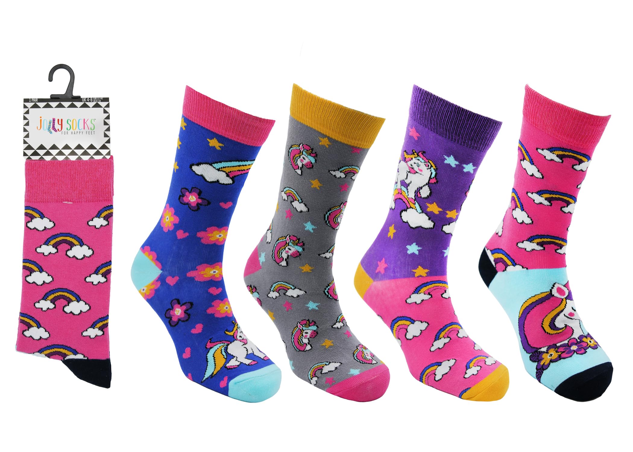 Chic Femme Women's Rainbow & Unicorn 4 Pair Pack Funny Novelty Jolly Dress Socks, Casual Colorful Combed Cotton Socks, Uk Size 4-8 (Uk, Numeric, 4, 8, Regular, Regular, )