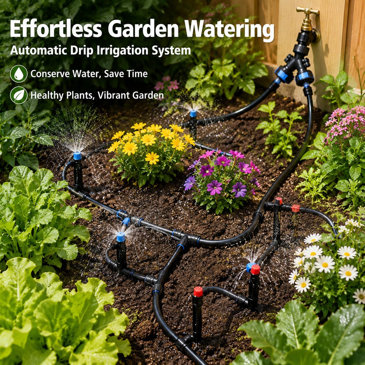 Kit Irrigazione a Goccia 15+60m, di Irrigazione Automatica per Giardino e Orto, Tubo Irrigazione a Goccia in PE