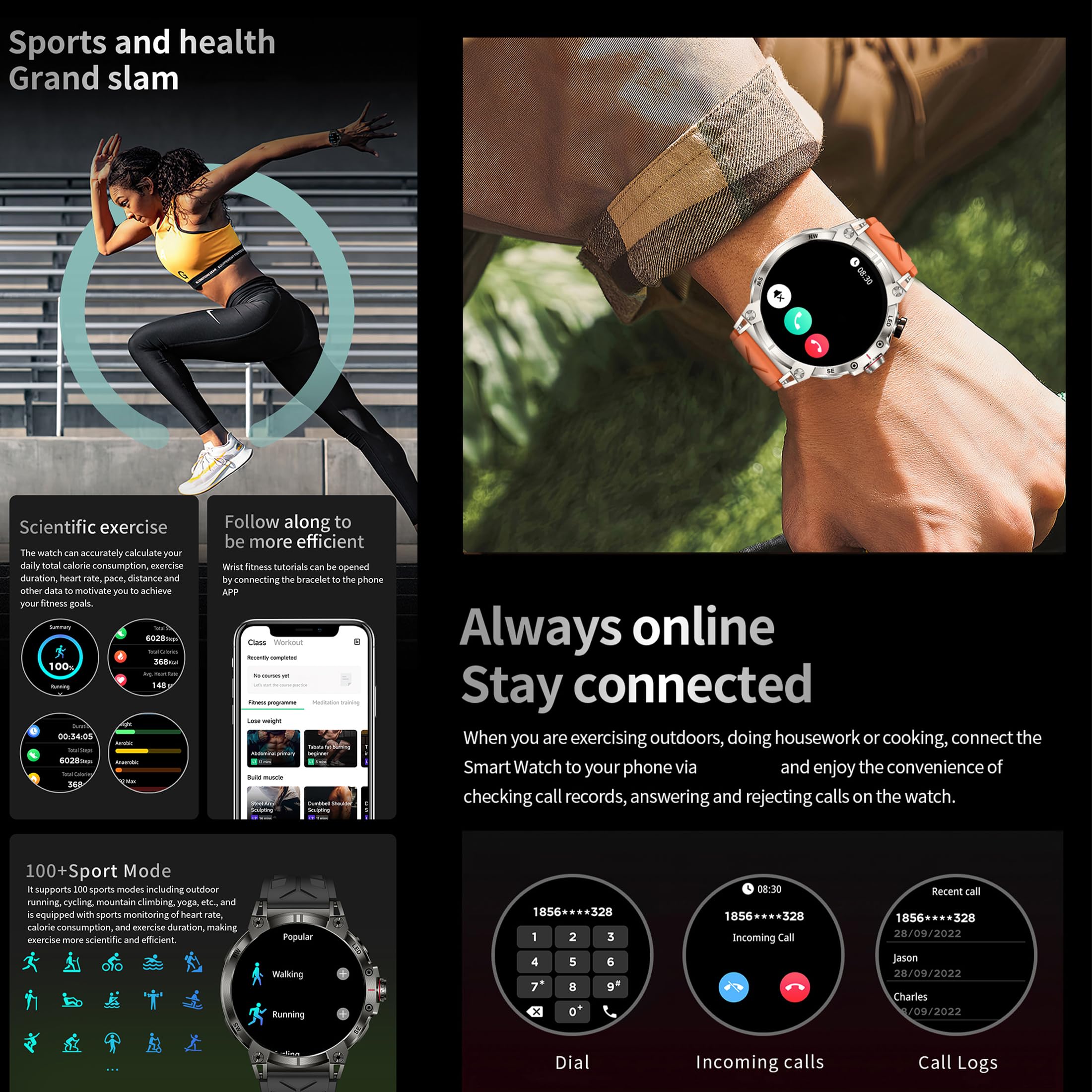 Reloj inteligente AMOLED 1,85 pulgadas para hombre con teléfono, linterna, 5 ATM, rastreador de actividad 123 modos deportivos, presión arterial, monitor de sueño, podómetro