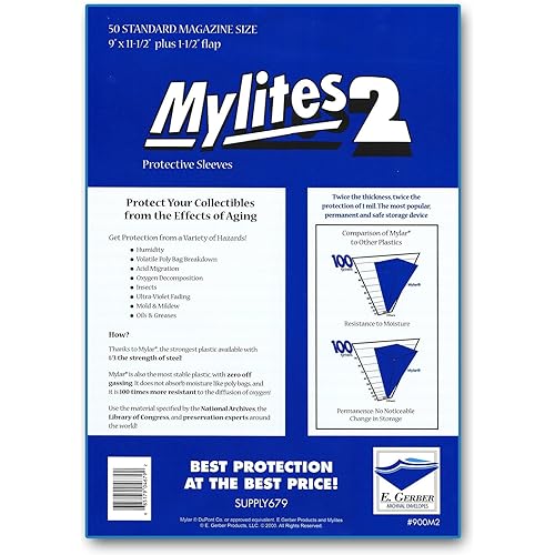 Mylites 2 Standard Magazine 2-Mil Mylar Bags; Size 9" x 11-1/2" Plus 1-1/2" Fold-Over Flap; Pack of 50 - for Magazines
