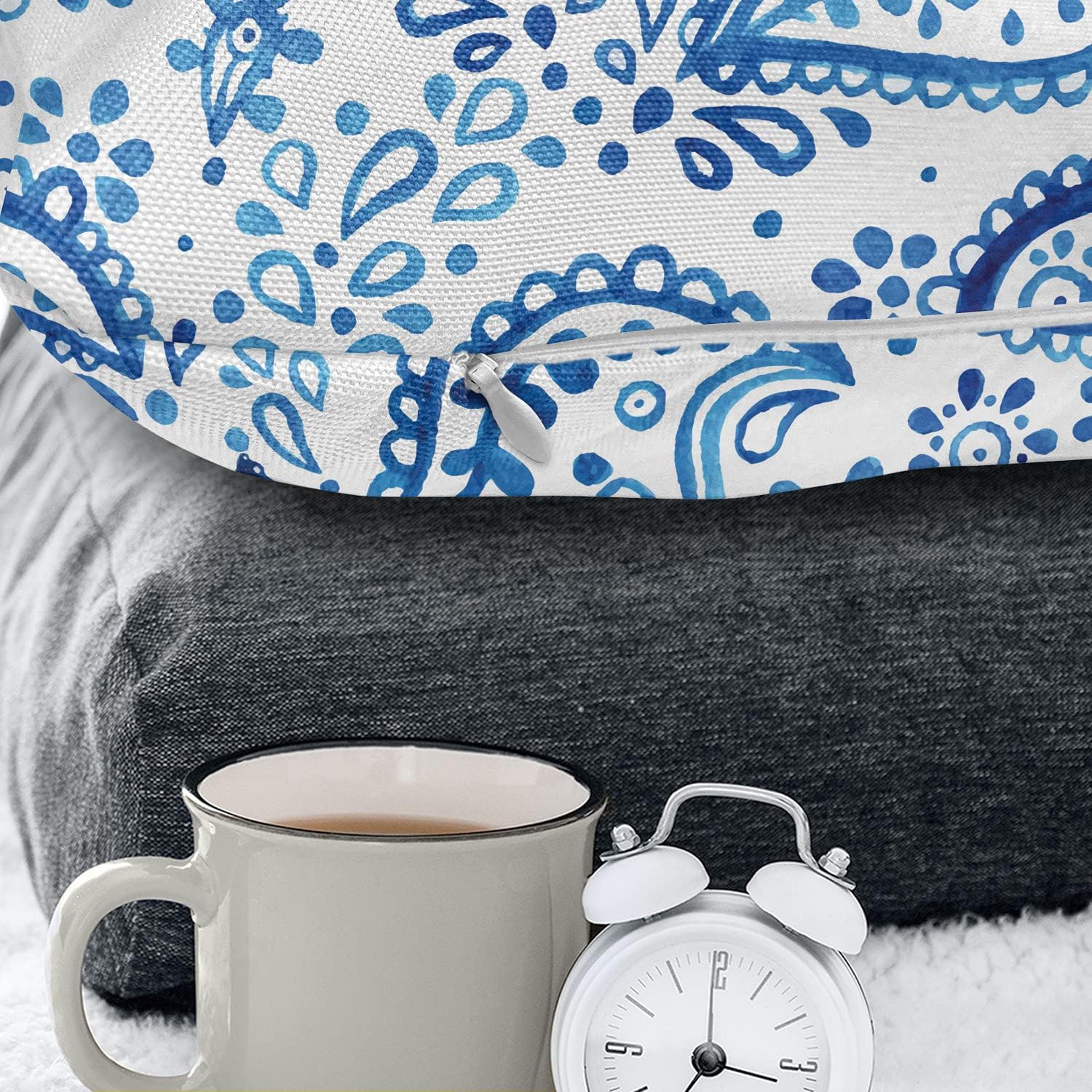 Ambesonne Paisley Throw Pillow Cushion Case, Mediterrian Themed Design with Water Color Hand Drawn Flowers and Leaves Print, Decorative Rectangle Accent Pillow Cover, 36" X 16", White and Blue