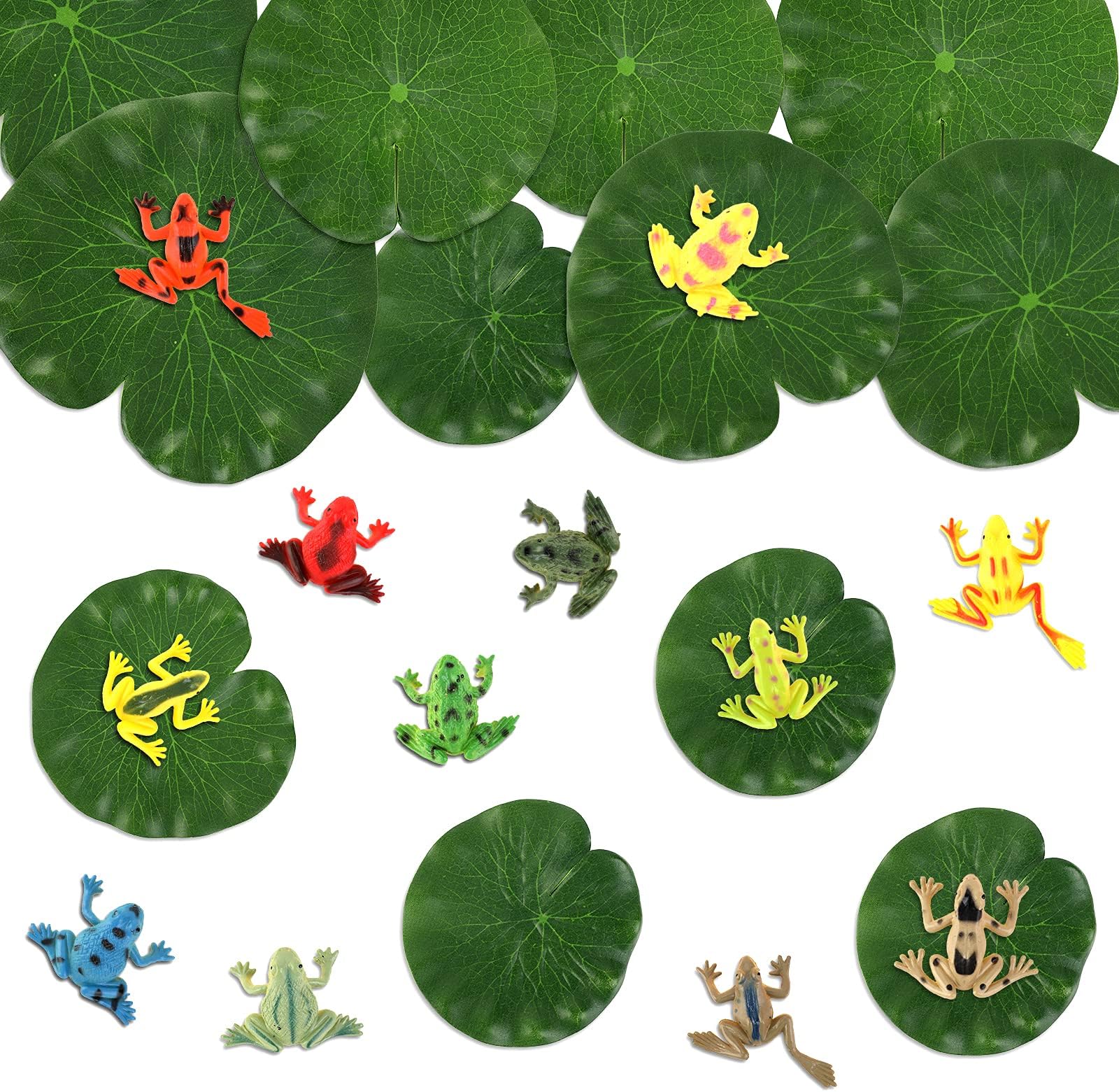 OOTSR 24 Pack Mini Realistic Frog Toys and Artificial Lily Pads, Includes 12 Pack Plastic Frog Figures Toys with 12 Pack Floating Foam Lotus Leaves for Kids Playing Party Favor Pool Decor