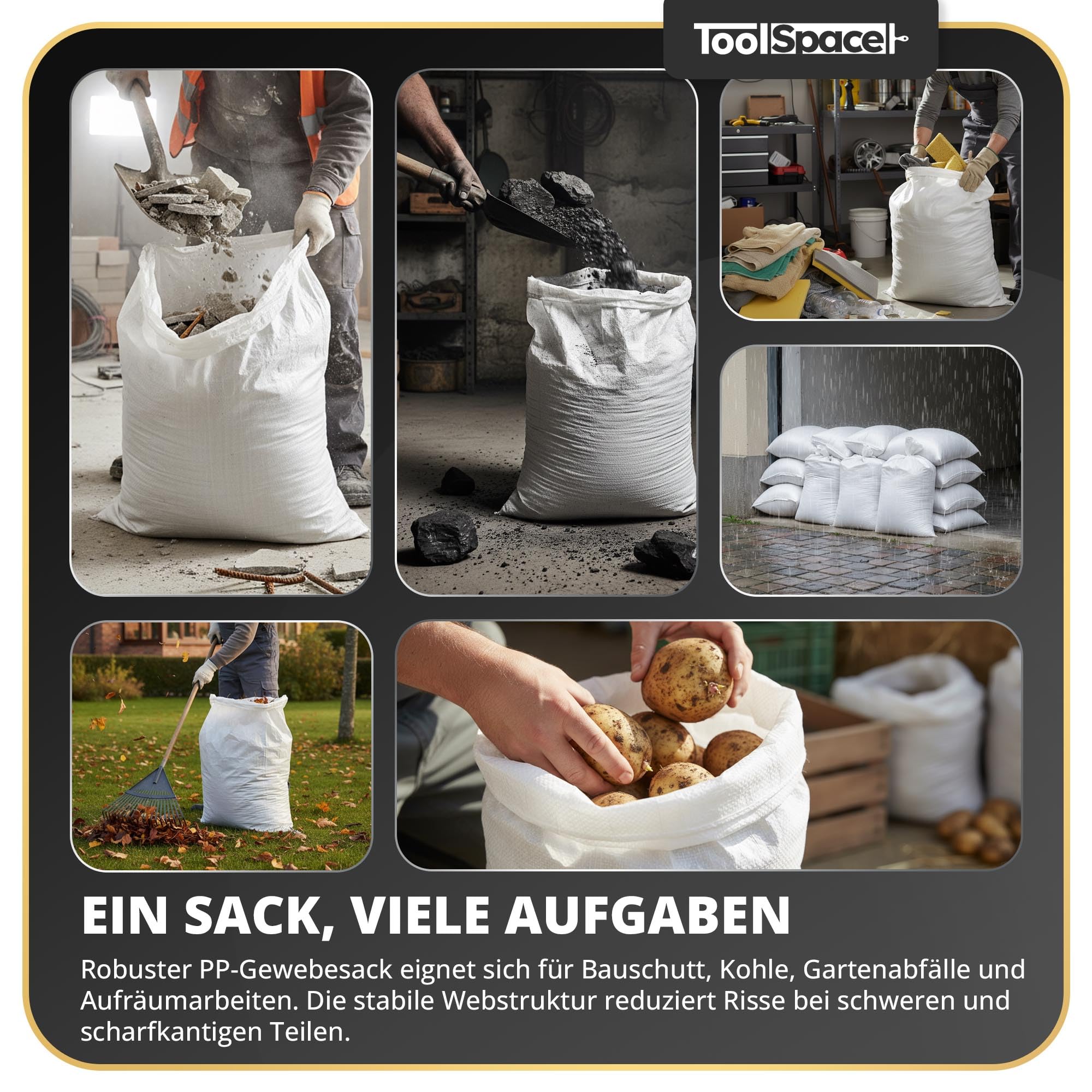 ToolSpace Gewebesack Bauschuttsäcke 20x Getreidesäcke 50kg Säcke 105x65 cm aus robustem Polypropylen Ideal als Sandsäcke Schwergutsäcke Abfallsäcke PP-Gewebesäcke als Kohlensack reißfest Transportsack