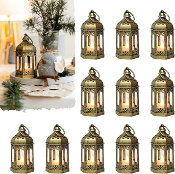 Mini Moroccan Lanterns with Flicker LED Candles Set of 12, Gold Vintage Decorative Hanging Lanterns for Ramadan, Christmas, Halloween, Wedding, Party, Table Centerpiece, ABS Plastic and Glass