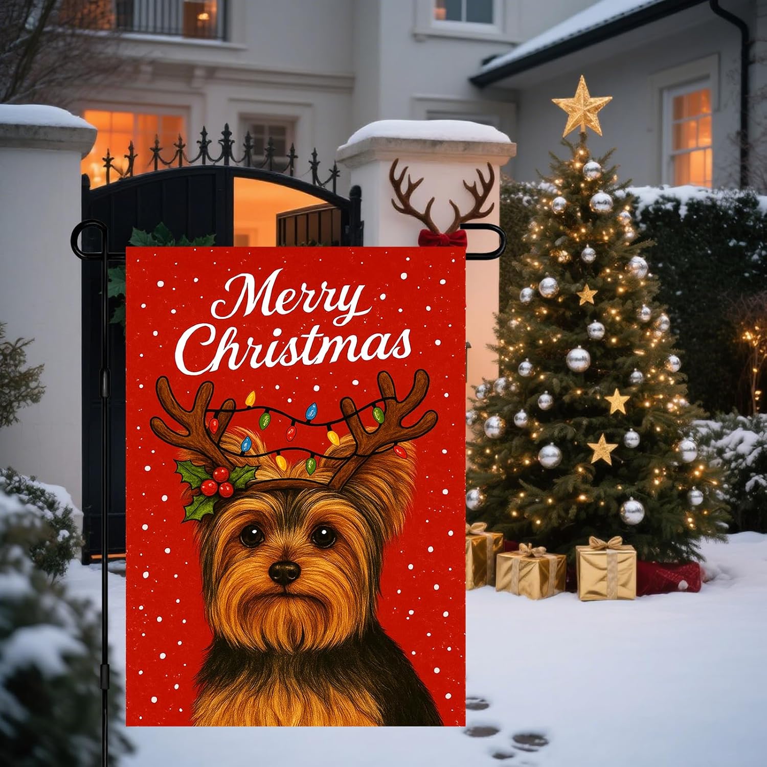 Christmas Garden Flag 12x18 Inch Welcome Yorkshire Terrier Dog Outdoor Flag Double Sided Holiday Puppy Yard Banner with Antlers and Lights for Porch Lawn Patio - Image 5