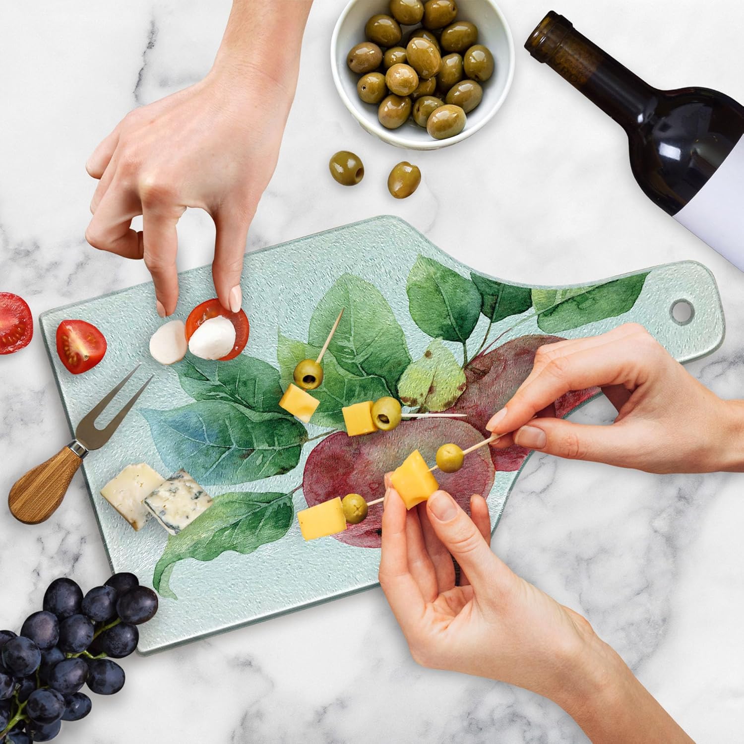 Ambesonne Fruits Cutting Board, Watercolor Paint Print Art Style Branch with Green Leaves Illustration, Decorative Tempered Glass Cutting and Serving Board, Wine Bottle Shape, Dark Coral White Green