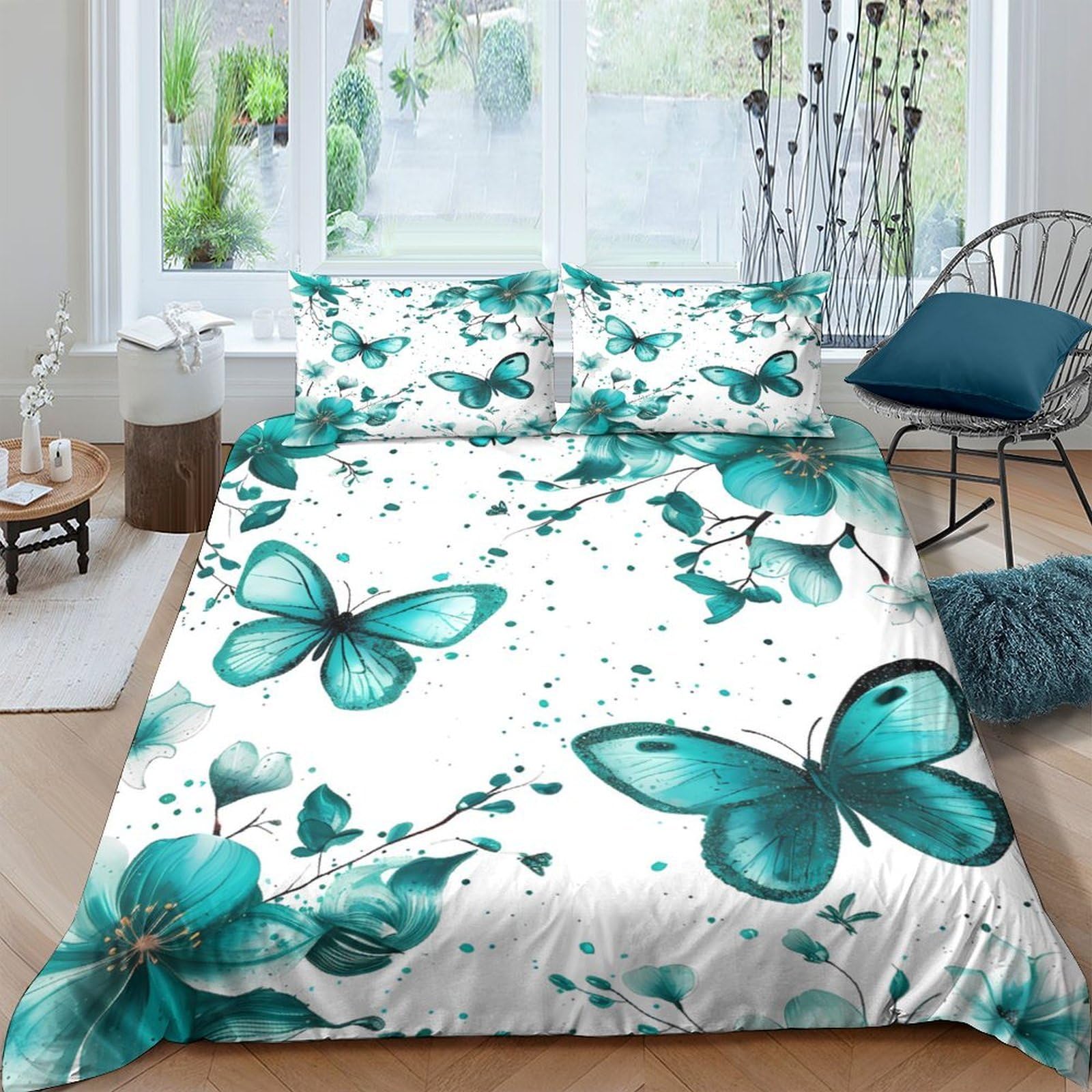 GPLZQXKJNH 3D Printed Blue Butterfly Duvet Cover Microfiber Soft Breathable Floral Quilt Cover Set with 2 Pillowcases for Bedroom Decor Single（135x200cm）