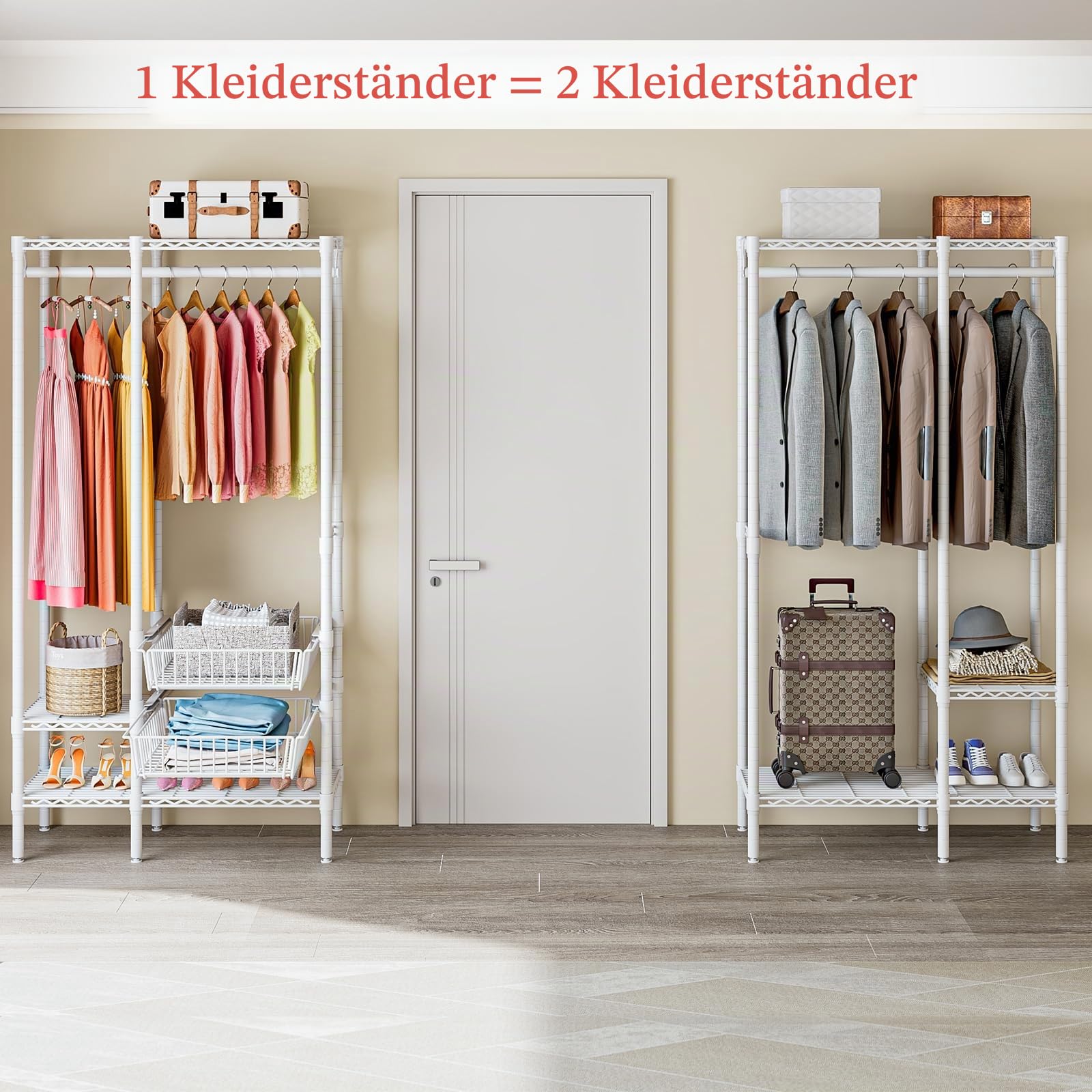 Schwerlast Kleiderständer, 2 Korbs, 6 Ablagen, (249-297) x40x192 cm