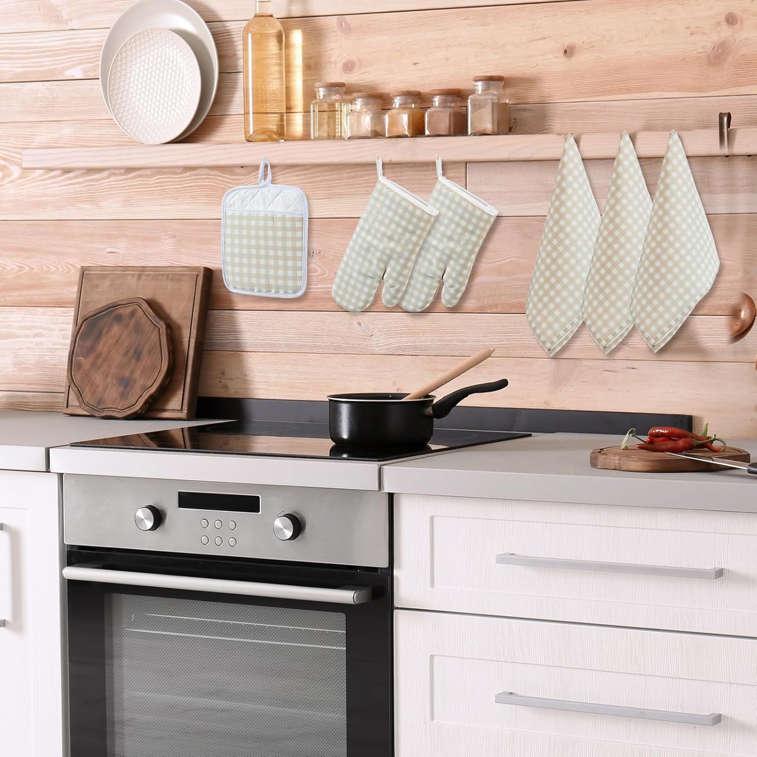 Patelai 7 Pcs Buffalo Check Dish Towels Pot Holders Oven Mitts Set Cotton Plaid Kitchen Dish Towels Non-Slip Heat Resistant Oven Mitts and Pot Holders for Cooking Baking (Light Yellow with White) - Image 6